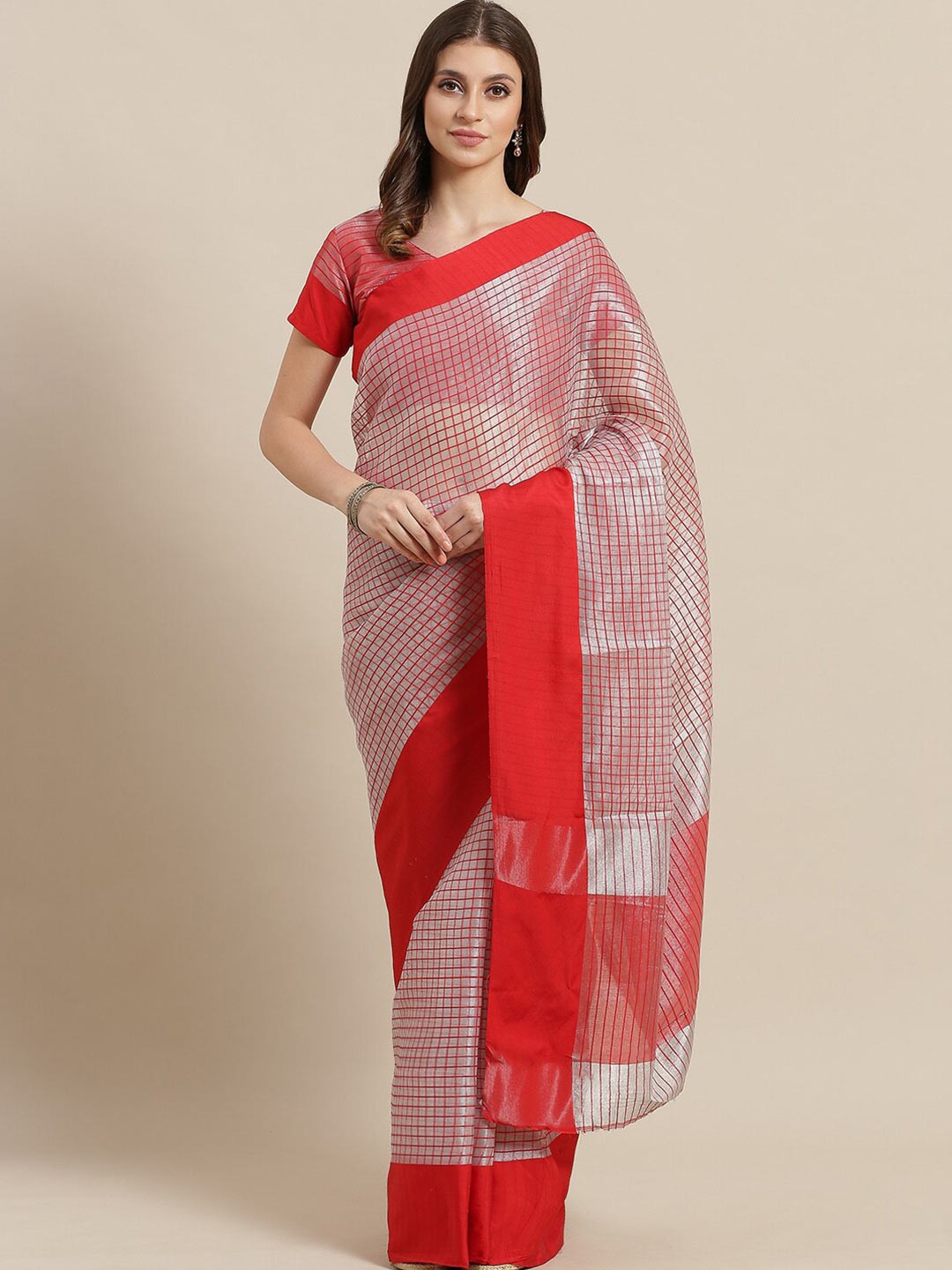 

Saree mall Grey & Red Checked Silk Blend Sarees