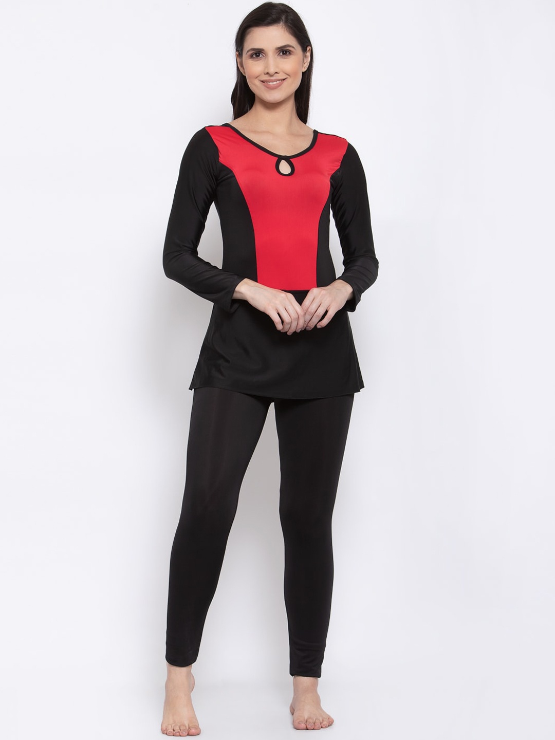 

CUKOO Women Black & Red Colourblocked Single Piece Long Pant Suit