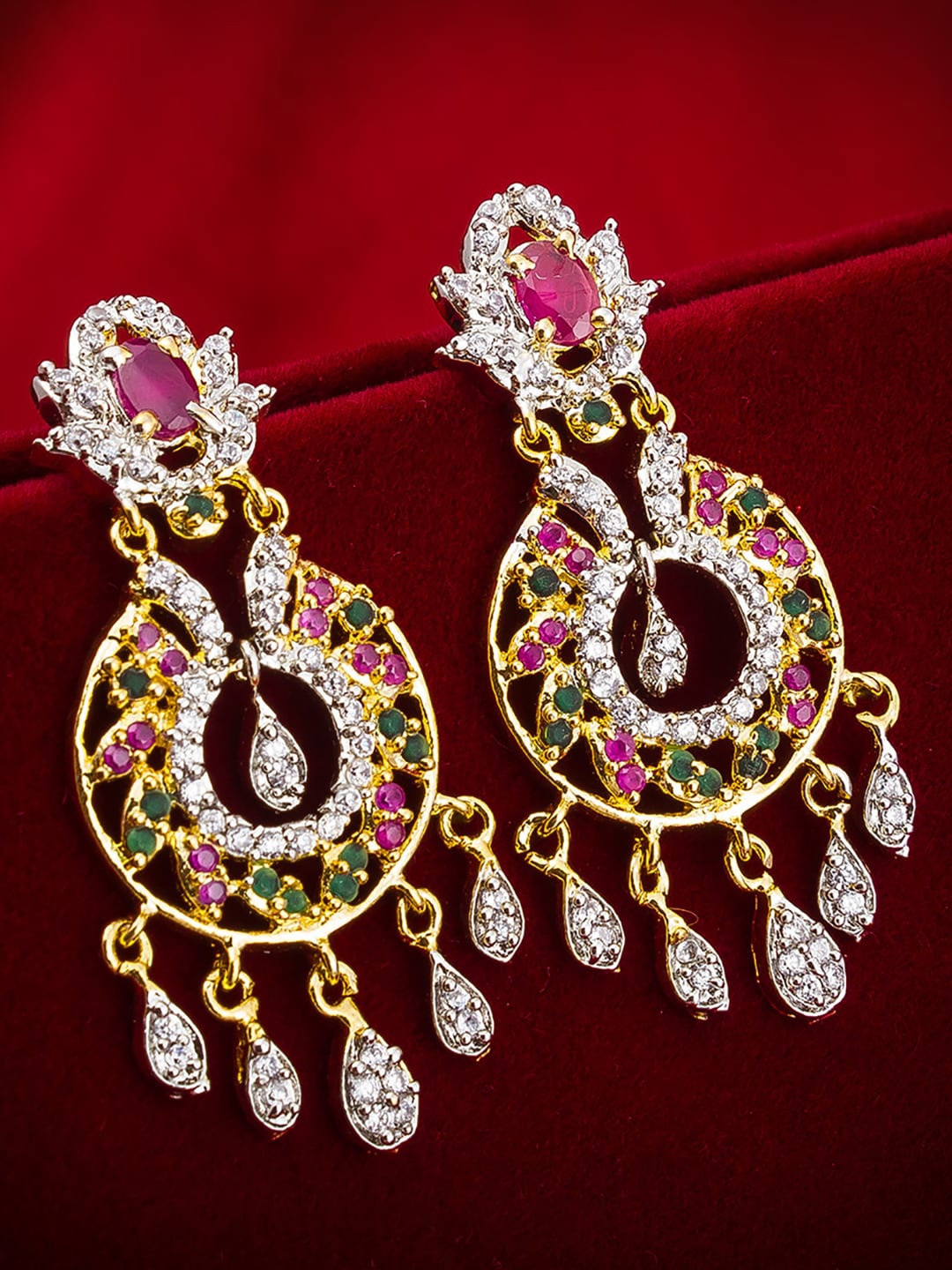 aadita Women Gold-Toned & Pink Stone Classic Handcrafted Jhumkas