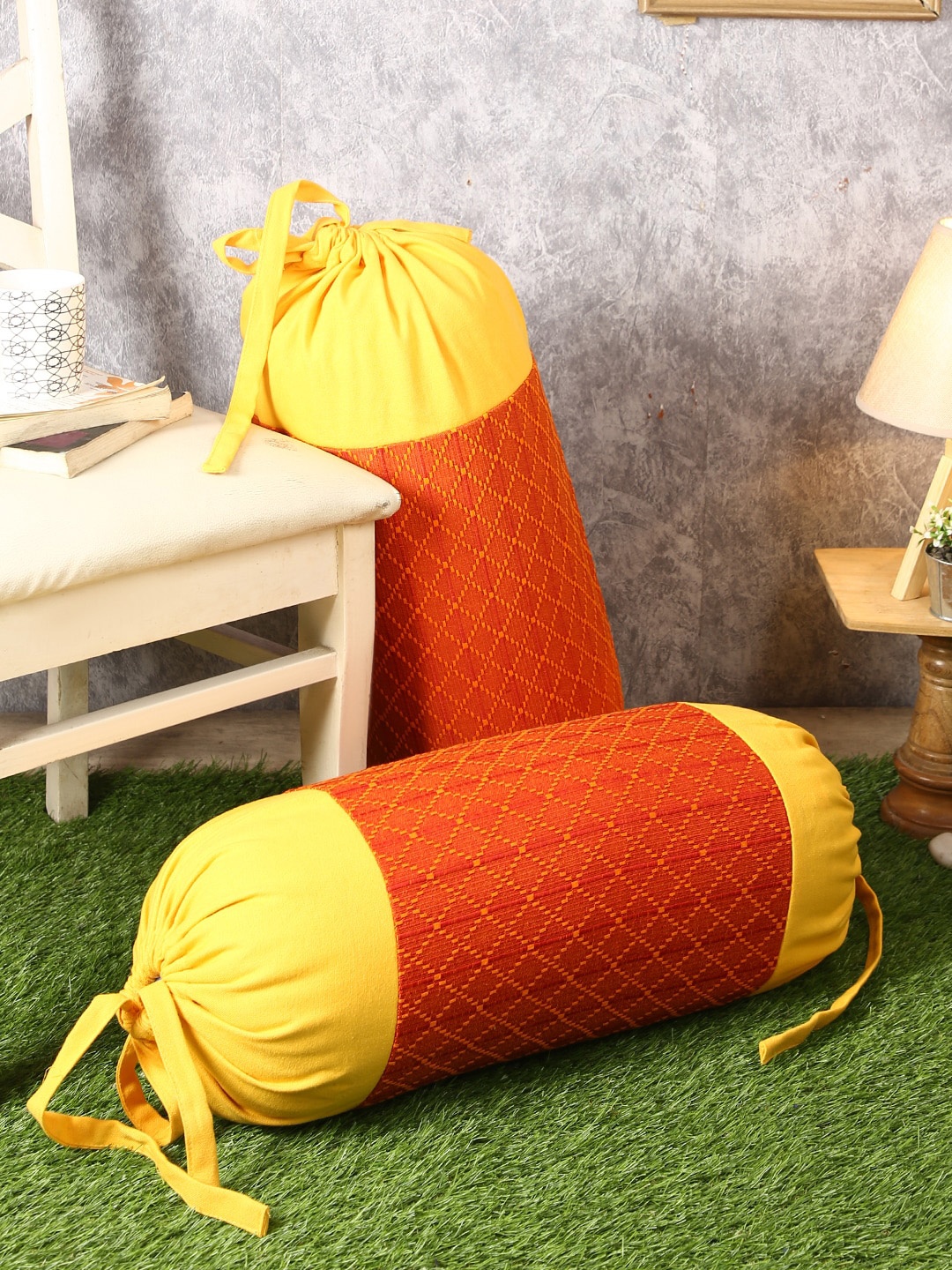 

Soumya Set Of 2 Yellow & Rust-Orange Patchwork Cotton Bolster Covers