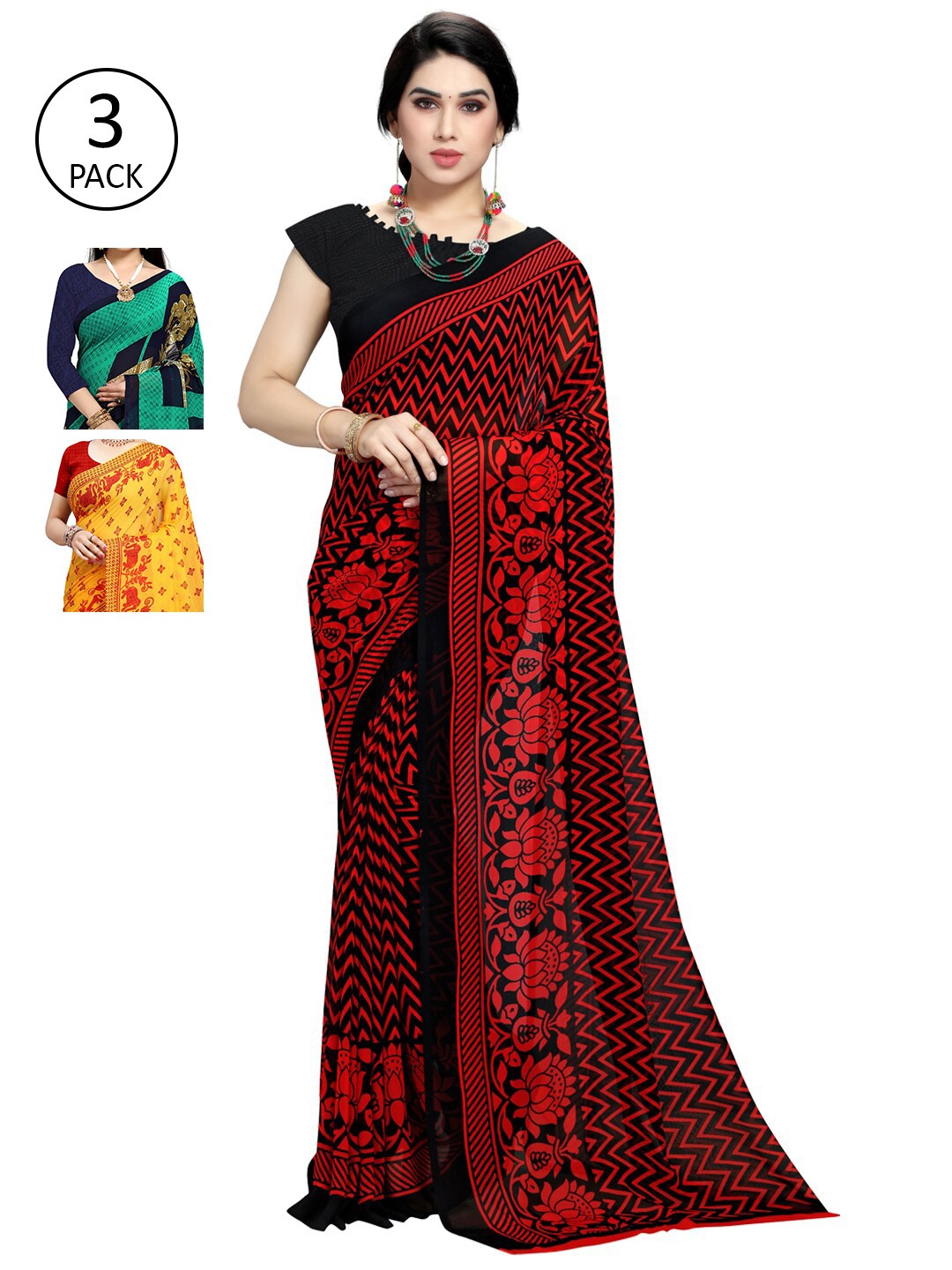 

KALINI Pack Of 3 Ethnic Motifs Sarees, Green