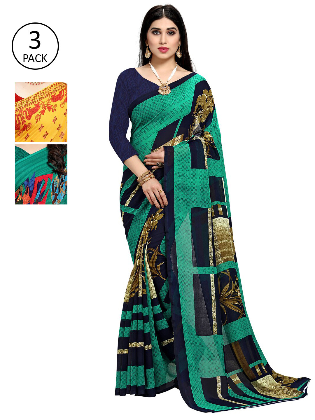 

KALINI Pack Of 3 Yellow & Red Ethnic Motifs Saree