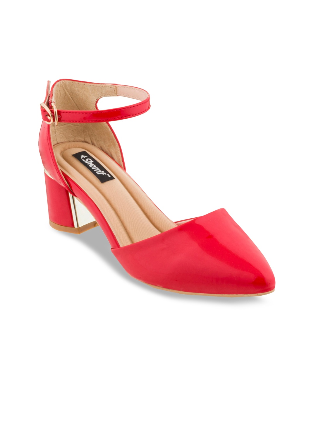 

Sherrif Shoes Red Block Heeled Pumps with Buckles
