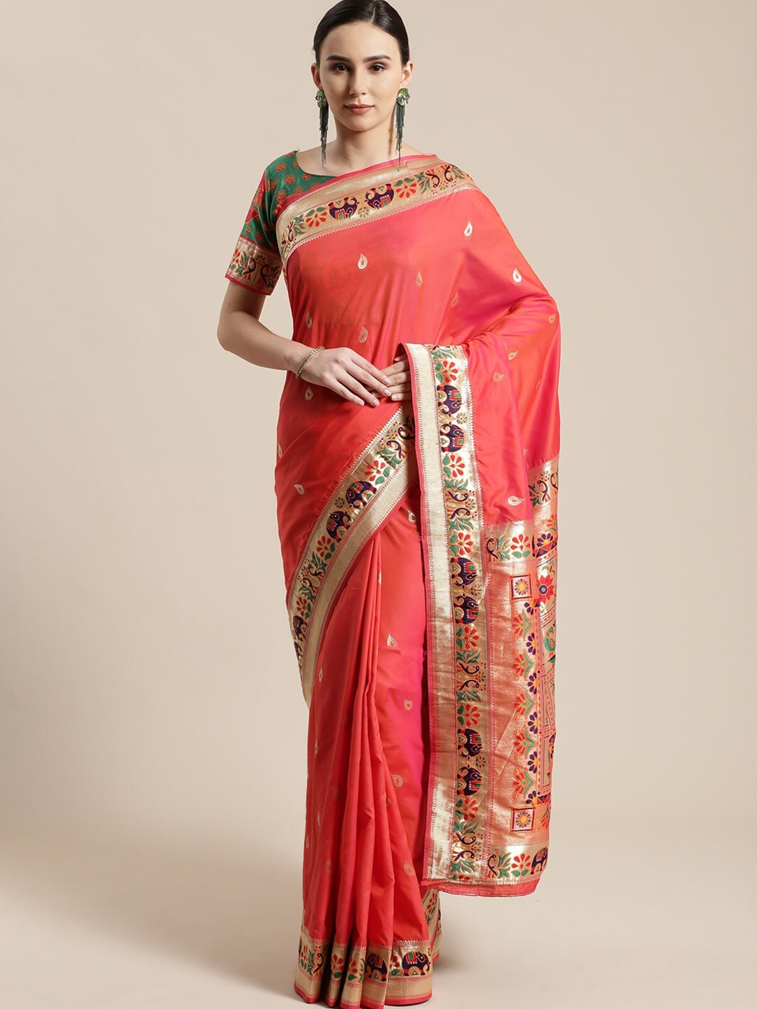 

Saree mall Peach & Gold-Toned Woven Design Zari Silk Blend Sarees