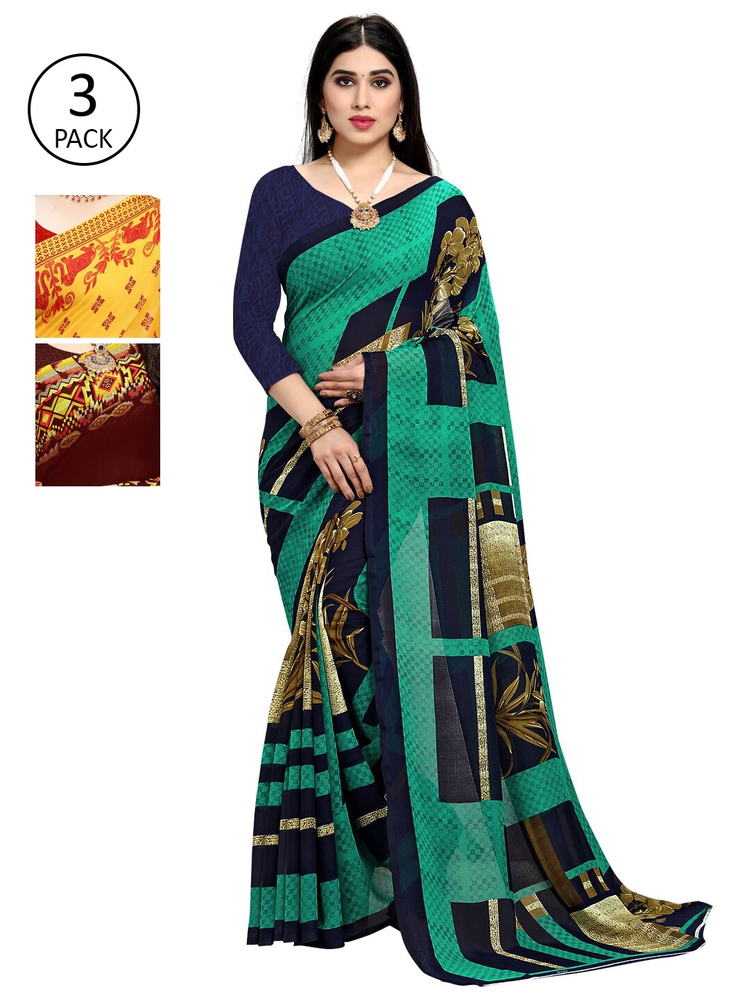

KALINI Women Pack of 3 Poly Georgette Sarees, Yellow