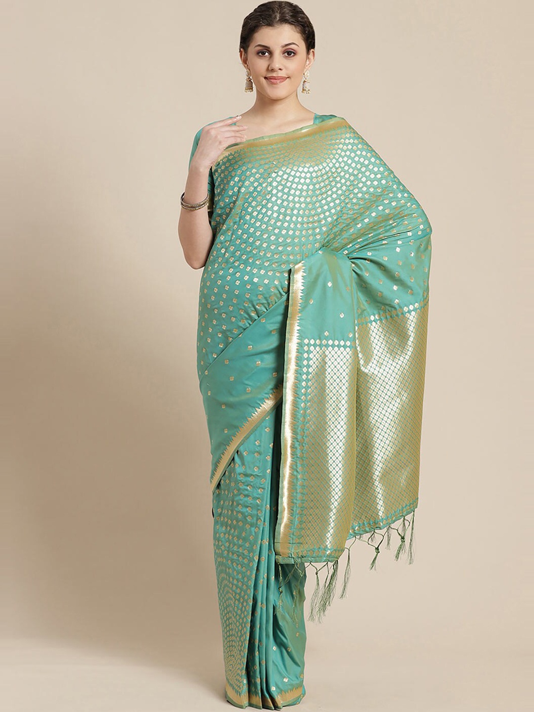 

Saree mall Sea Green & Gold-Toned Woven Design Silk Blend Sarees