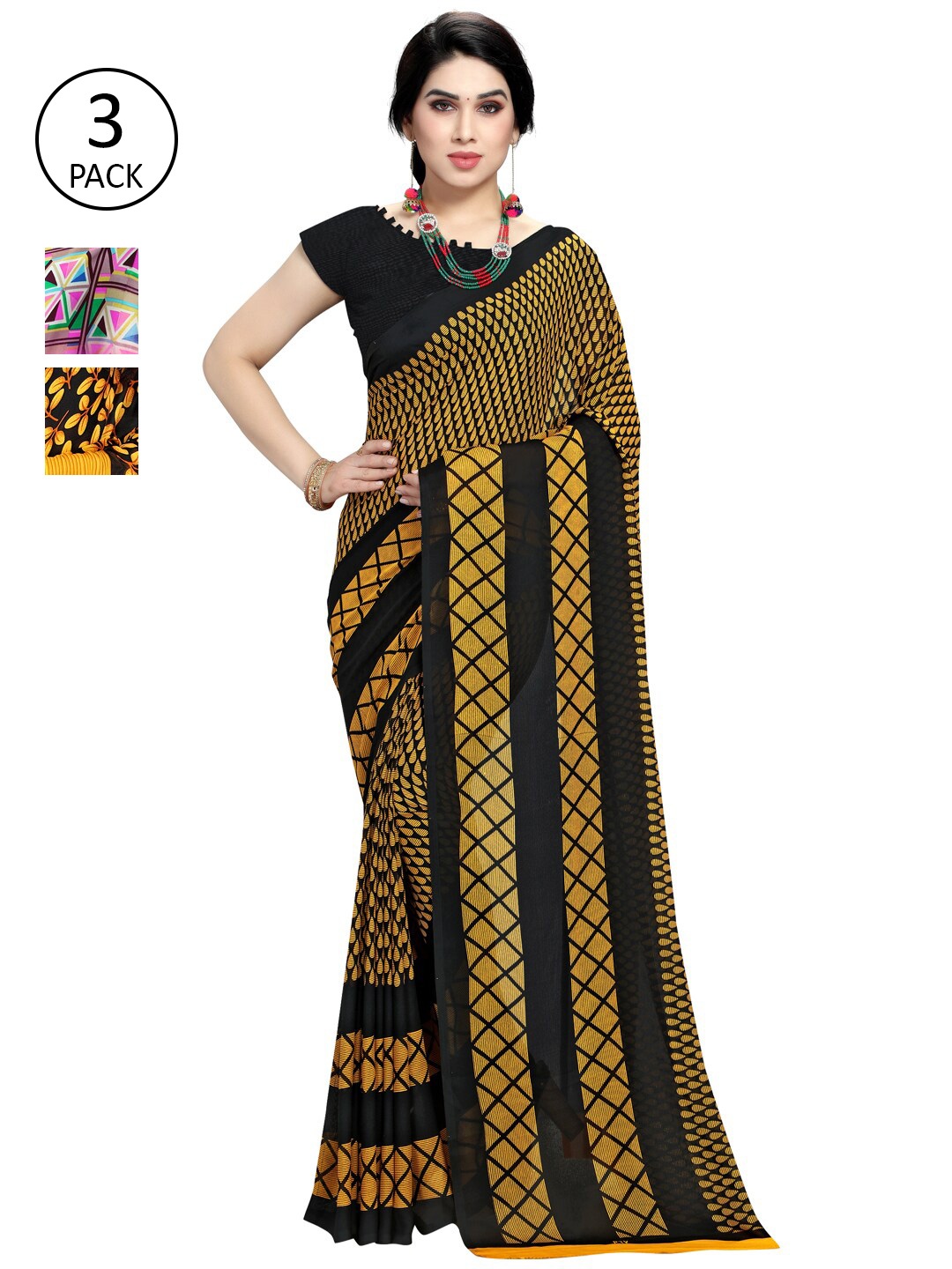 

KALINI Pack Of 3 Poly Georgette Printed Sarees, Yellow