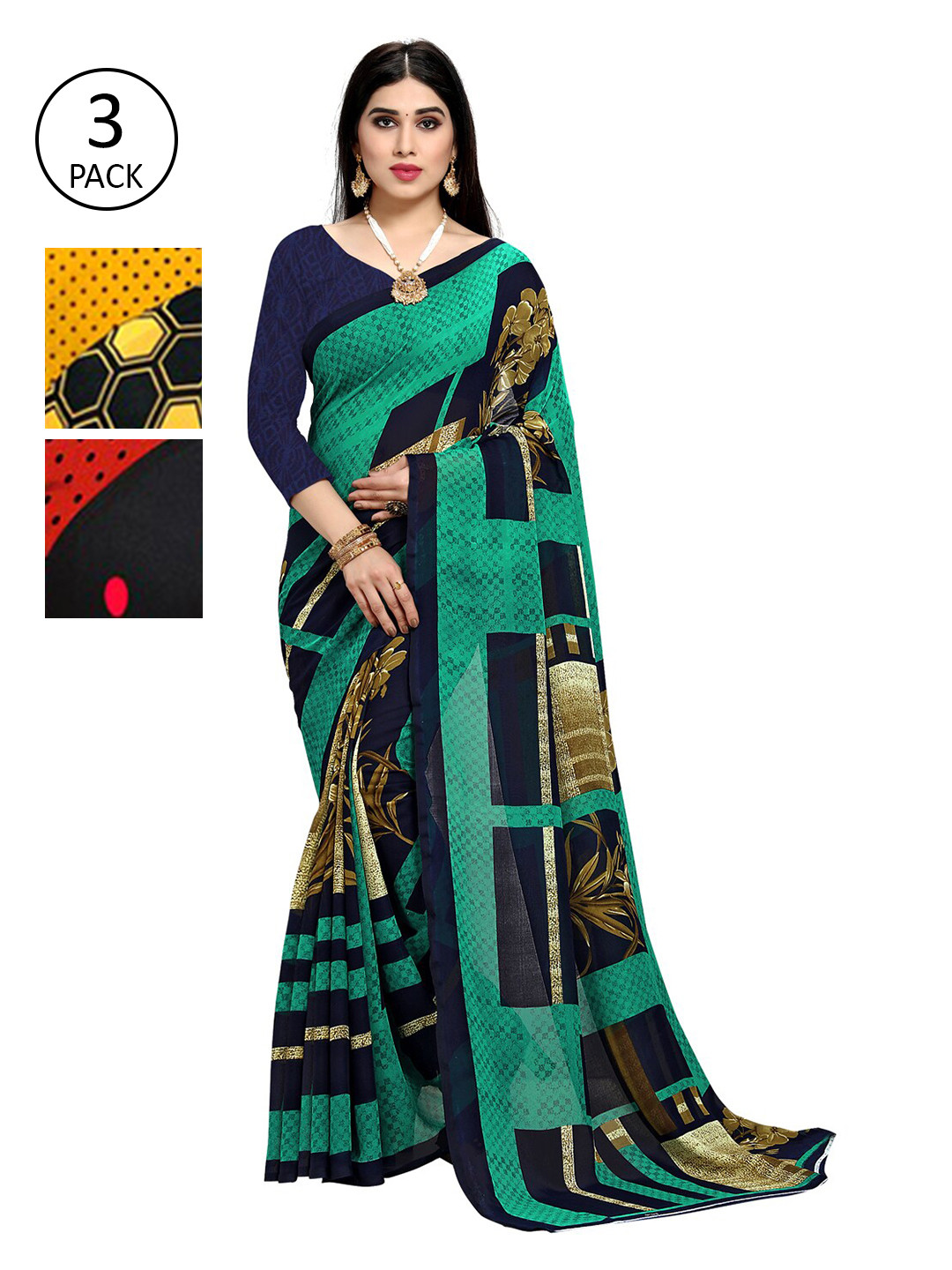 

KALINI Yellow Green & Black Printed Saree With Blouse Piece Pack Of 3