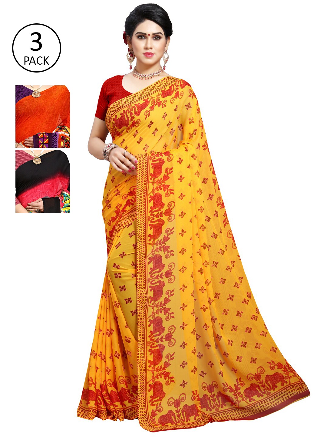 

KALINI Pack Of 3 Yellow & Orange Ethnic Motifs Saree