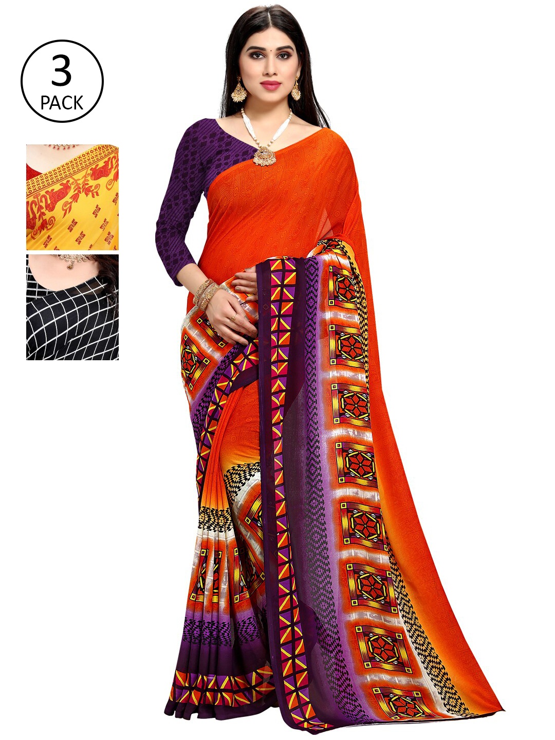 

KALINI Pack Of 3 Yellow & Red Ethnic Motifs Saree