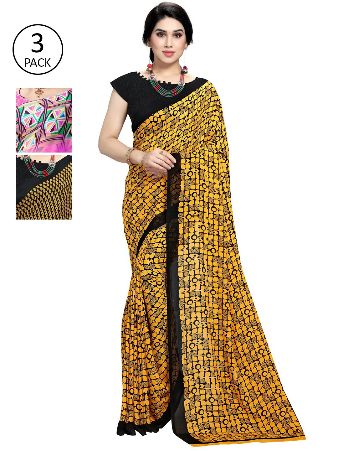 

KALINI Pack Of 3 Poly Georgette Printed Sarees, Pink