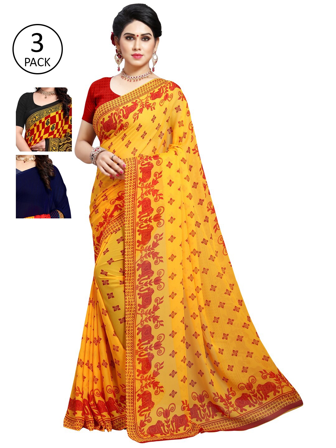 

KALINI Pack Of 3 Poly Georgette Printed Sarees, Yellow