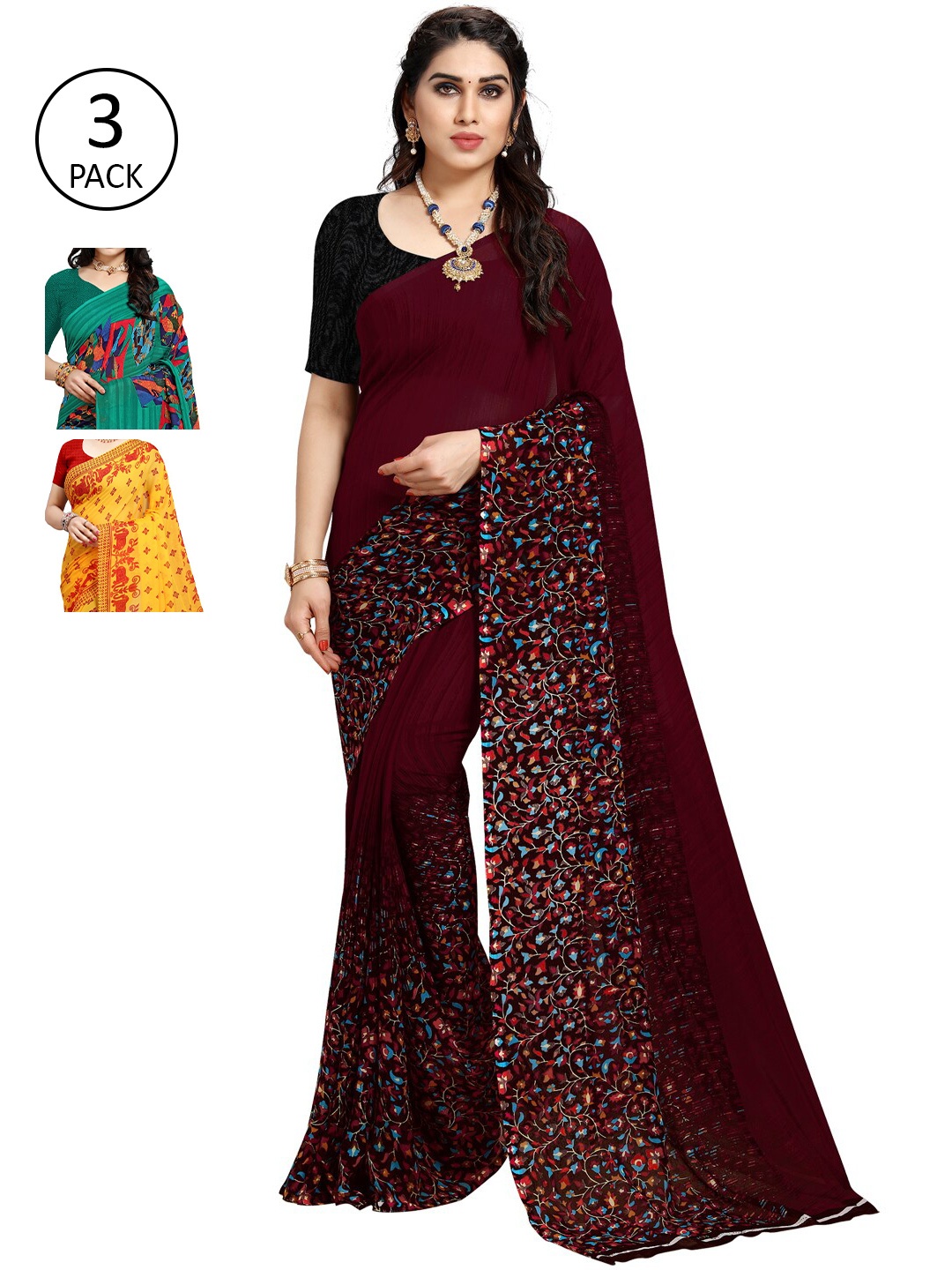 

KALINI Pack of 3 Poly Georgette Sarees, Maroon