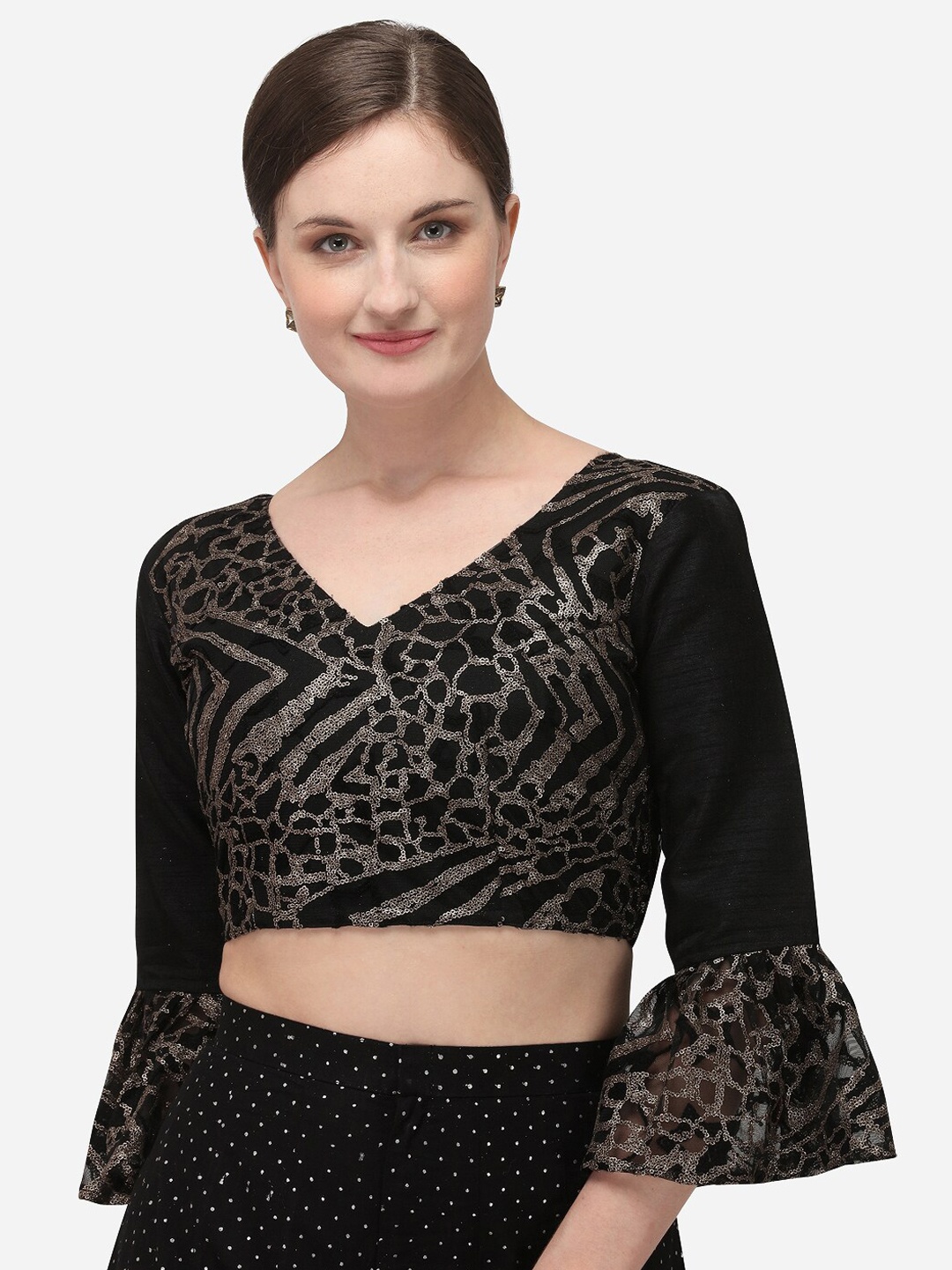 

Nanda Silk Mills Women Black Sequin Embellished Silk Stitched Saree Blouse