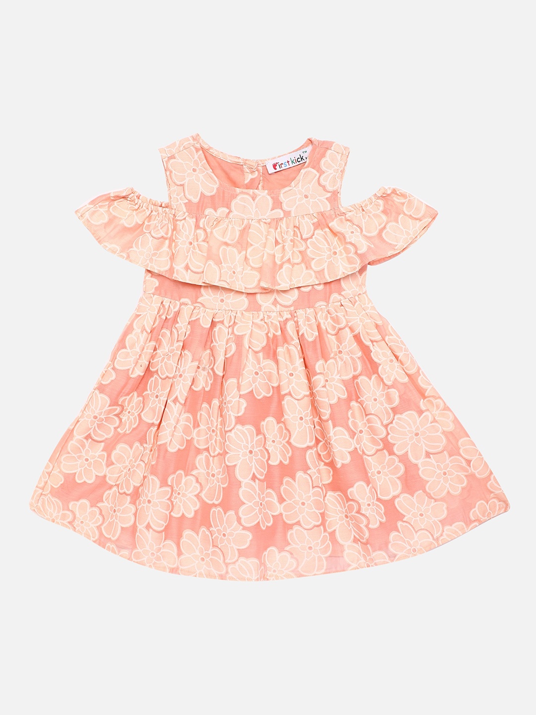 

First Kick Girls Peach-Coloured Floral Printed Fit & Flare Dress with a Matching Hairband
