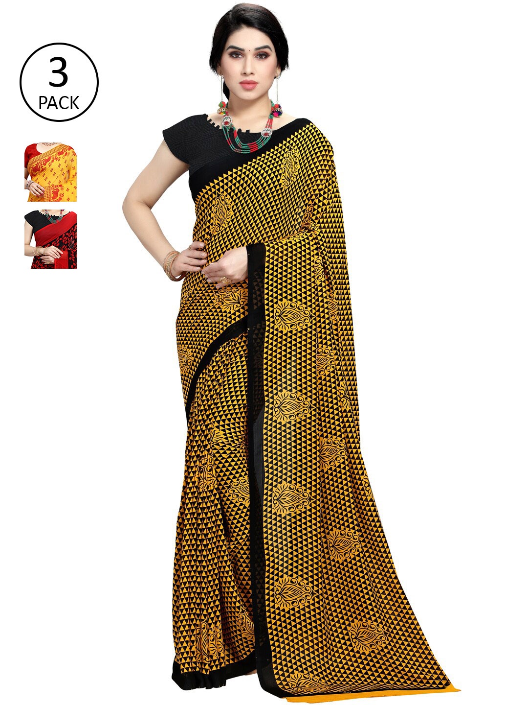 

KALINI Pack Of 3 Printed Sarees, Yellow