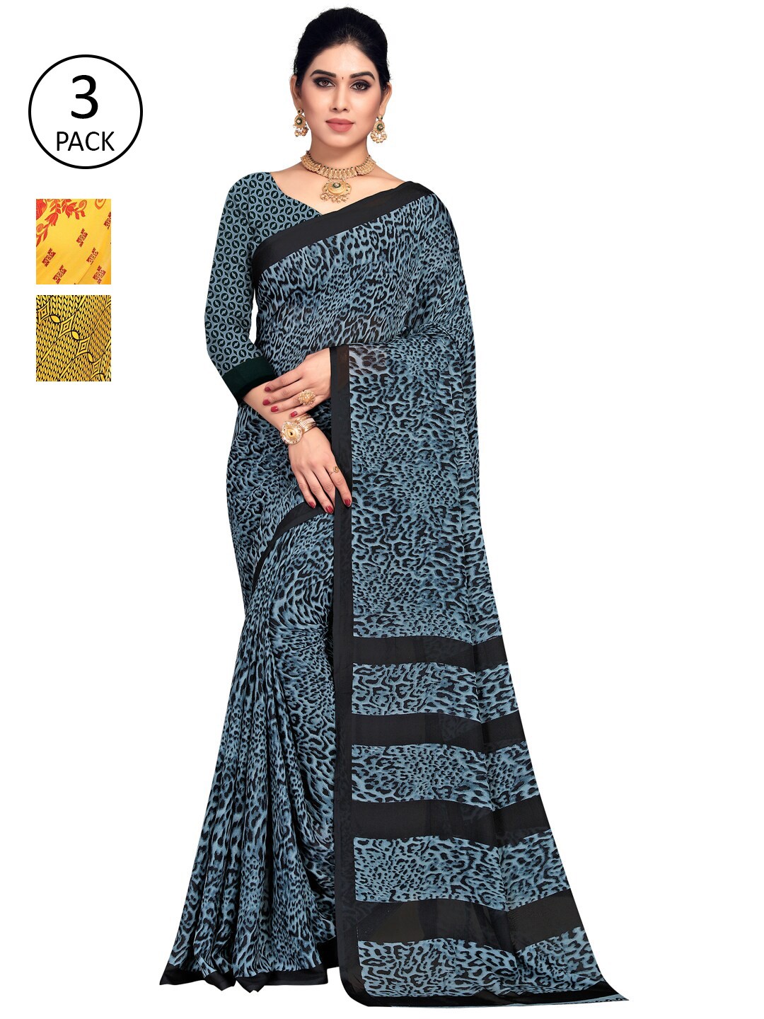 

KALINI Pack of 3 Poly Georgette Sarees, Yellow