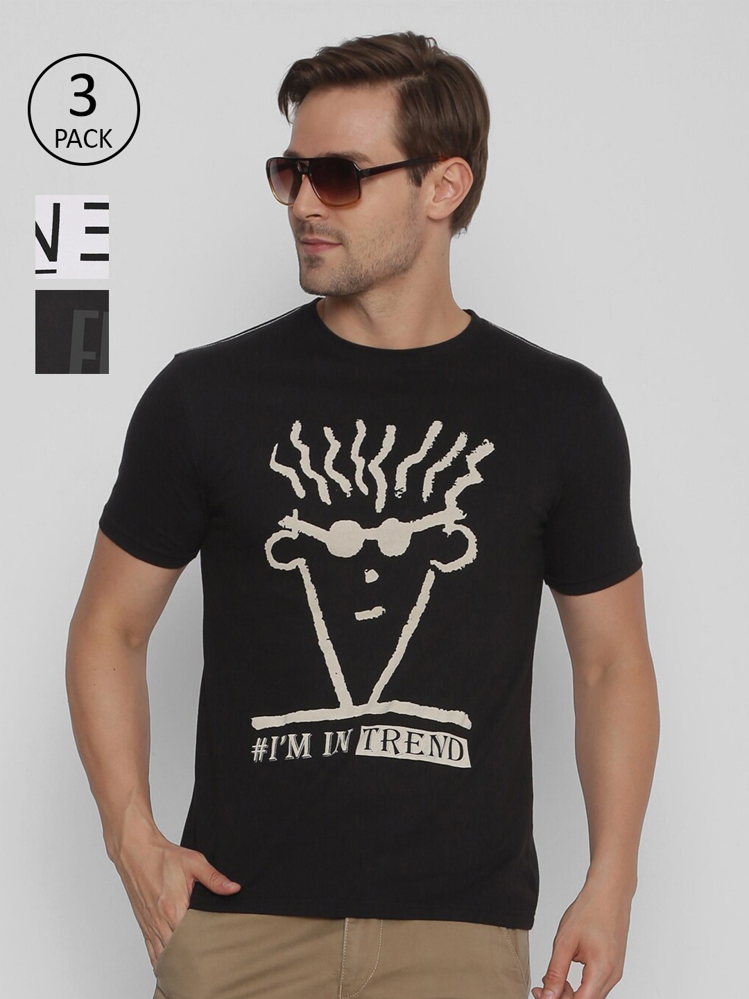 

FIDO DIDO Men Black Pack Of 3 Printed Slim Fit Pure Cotton T-shirt