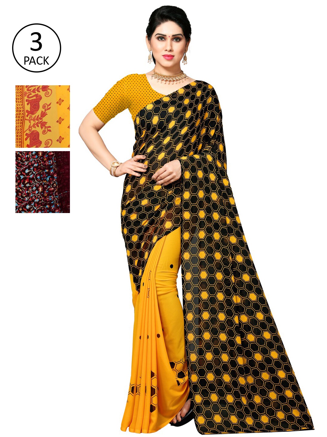 

KALINI Women Pack of 3 Poly Georgette Sarees, Yellow