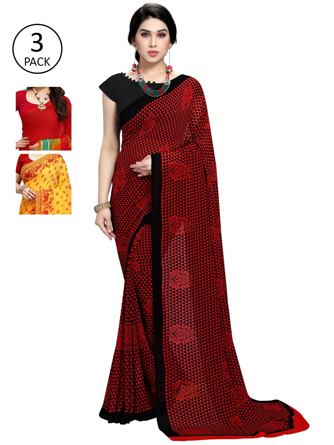 

KALINI Pack Of 3 Red & Black Saree