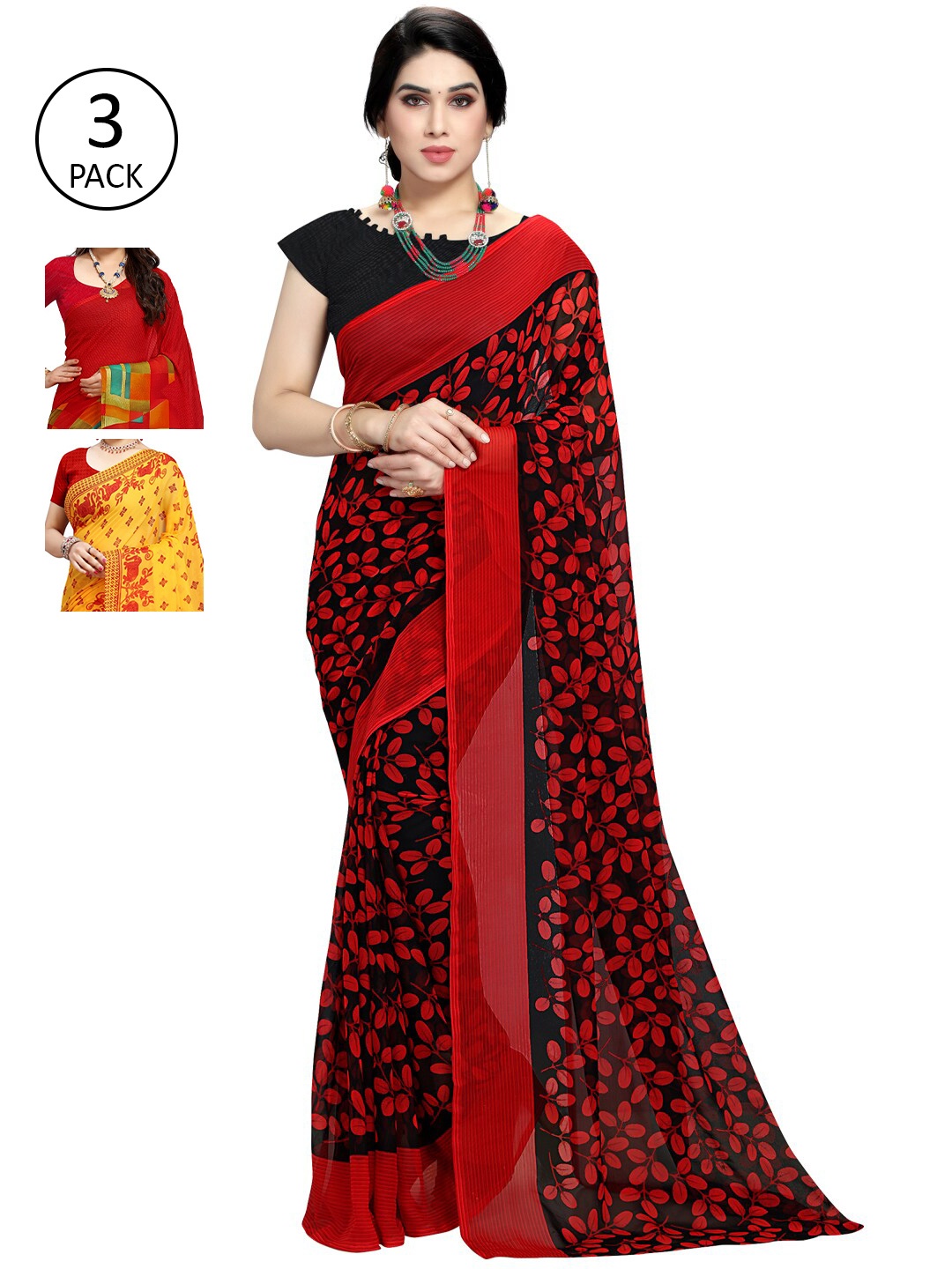 

KALINI Pack Of 3 Poly Georgette Printed Sarees, Yellow