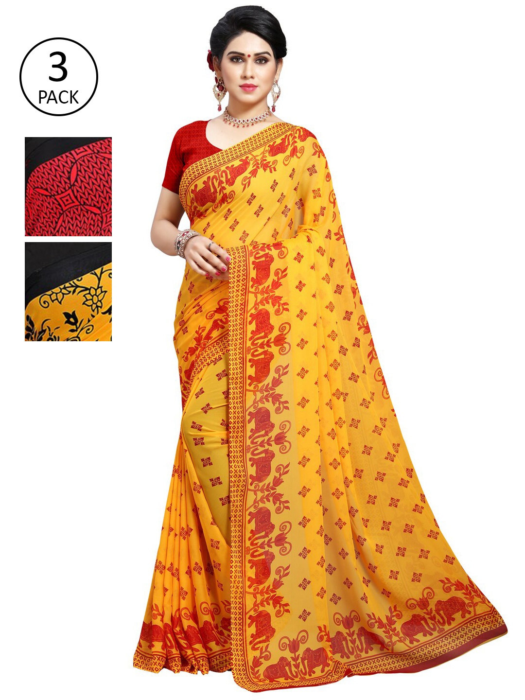 

KALINI Pack Of 3 Red & Black Saree