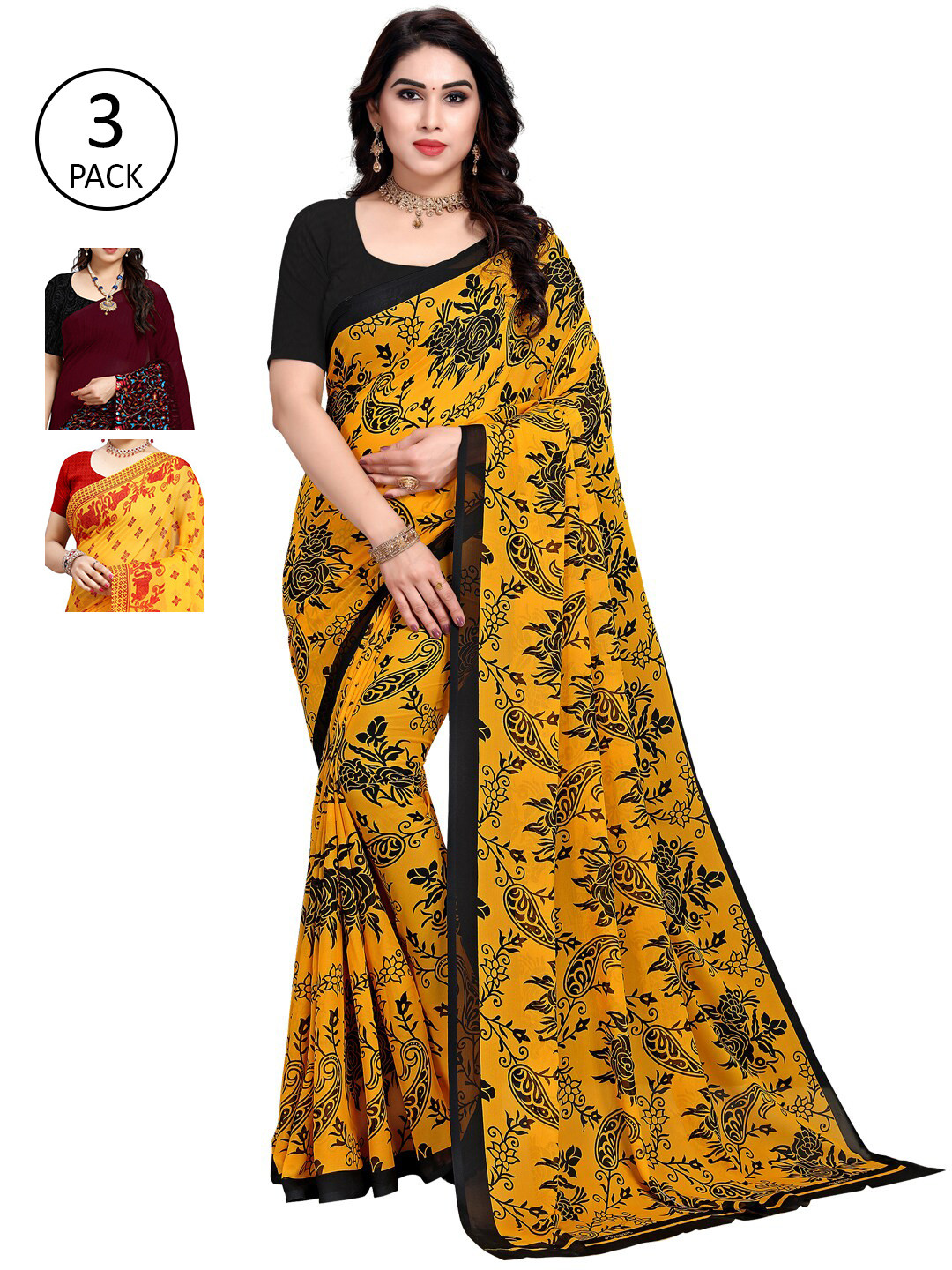 

KALINI Pack of 3 Printed Poly Georgette Saree, Multi