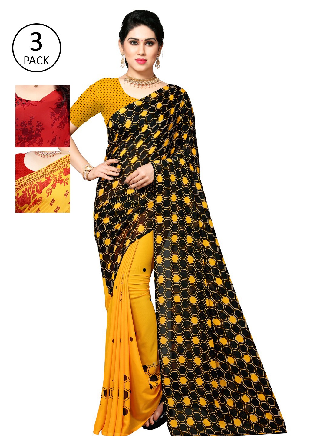

KALINI Pack Of 3 Sarees, Yellow