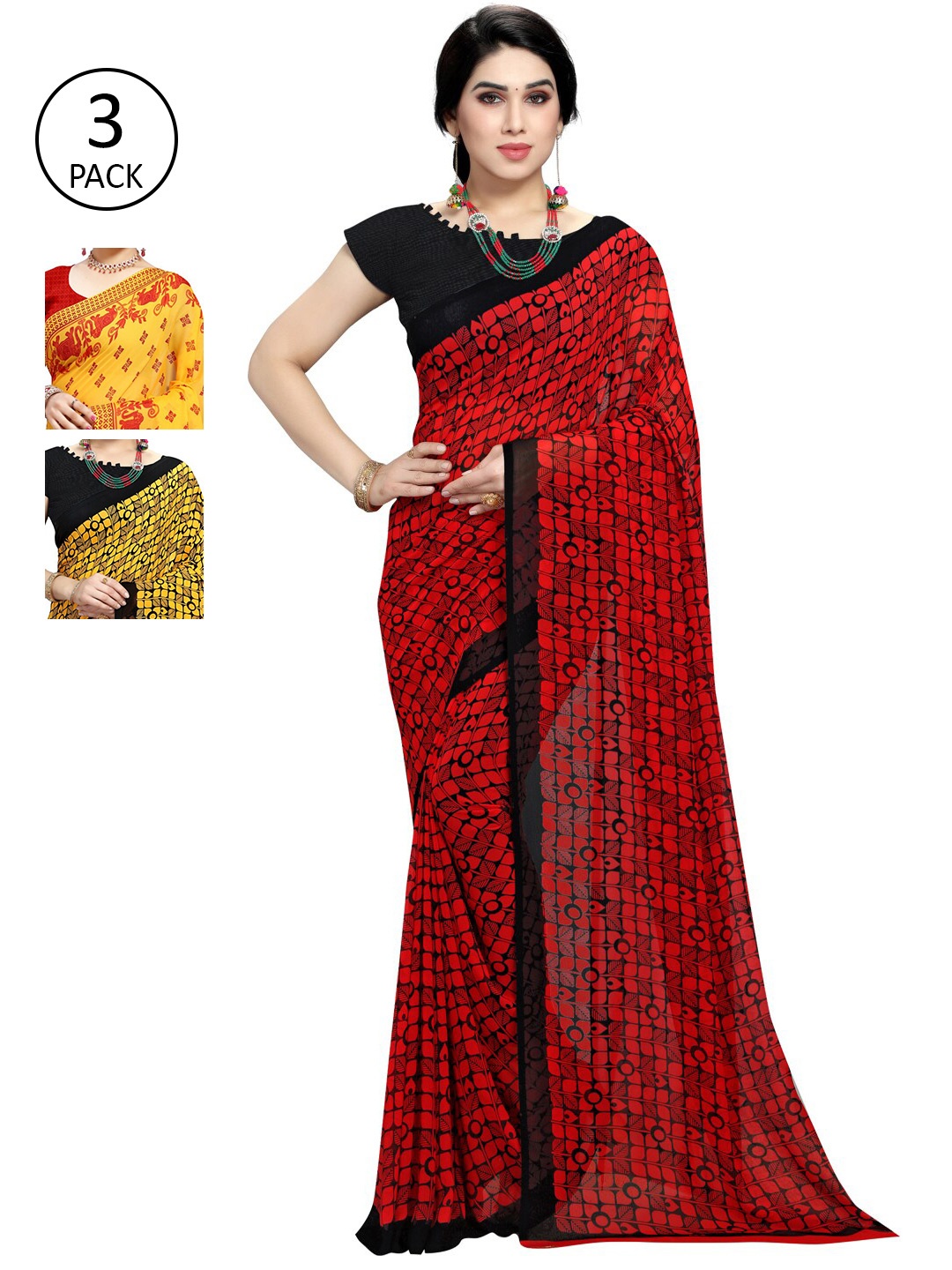 

KALINI Pack of 3 Printed Poly Georgtte Saree, Yellow