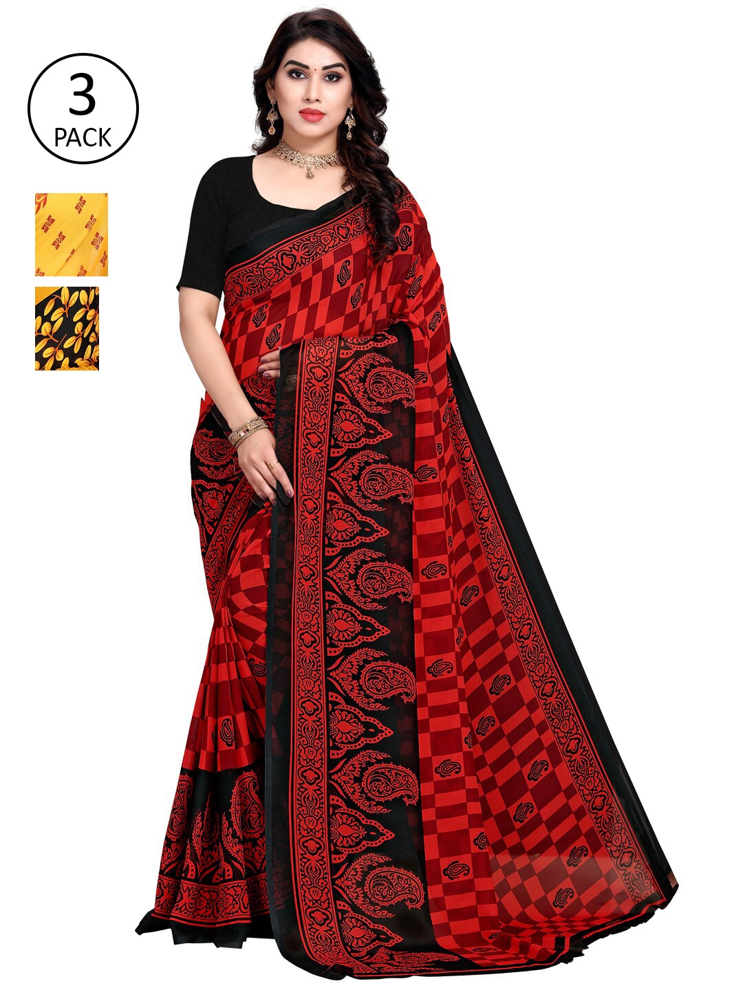 

KALINI Pack Of 3 Poly Georgette Printed Sarees, Red