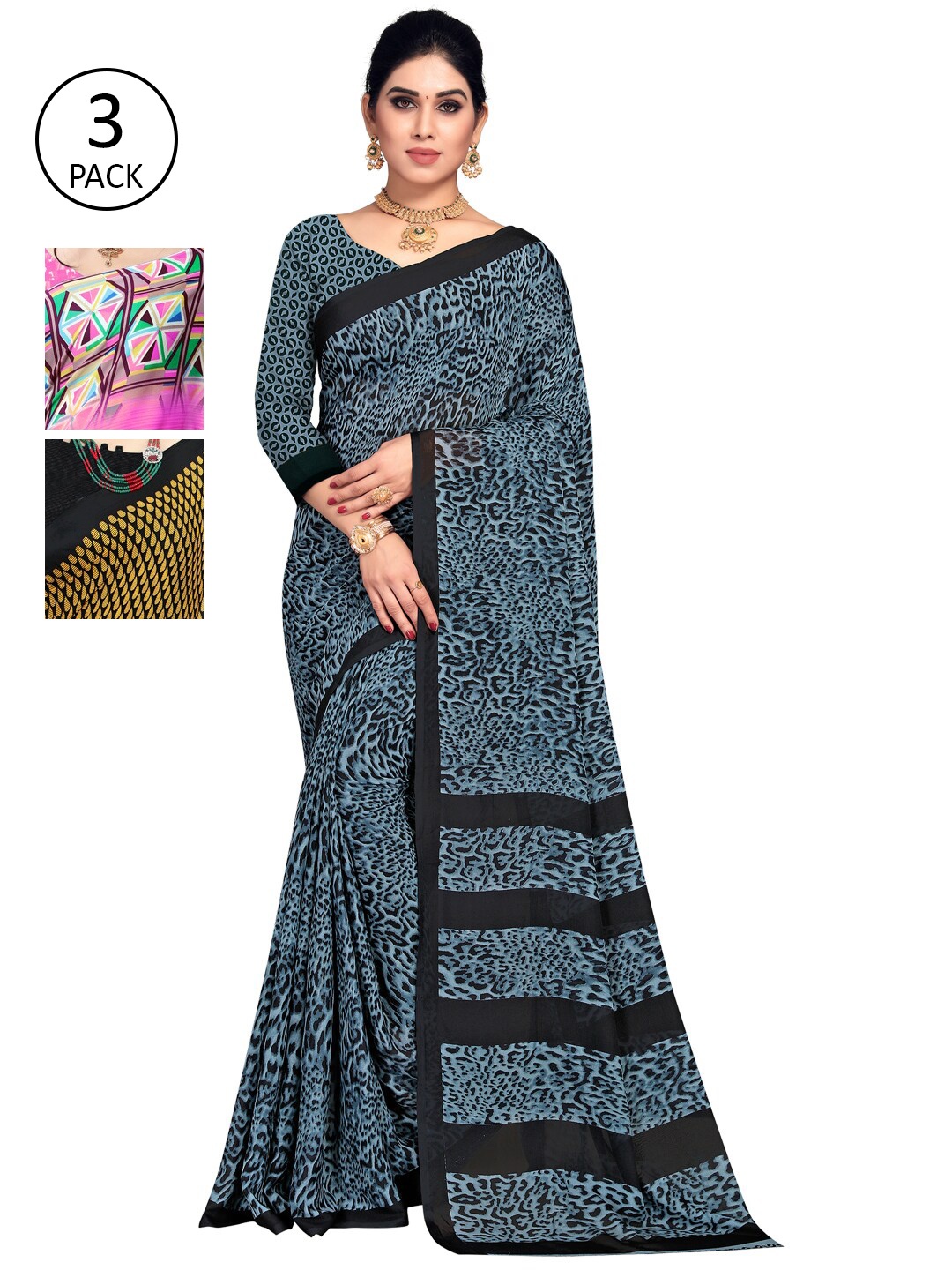 

KALINI Pack of 3 Printed Poly Georgette Saree, Yellow