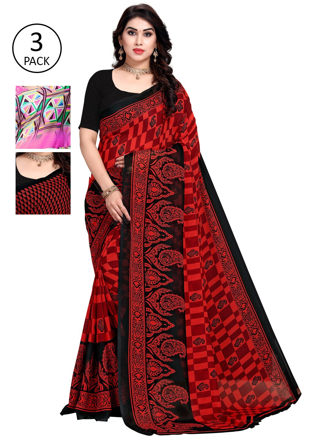 

KALINI Pack Of 3 Pink & Red Saree