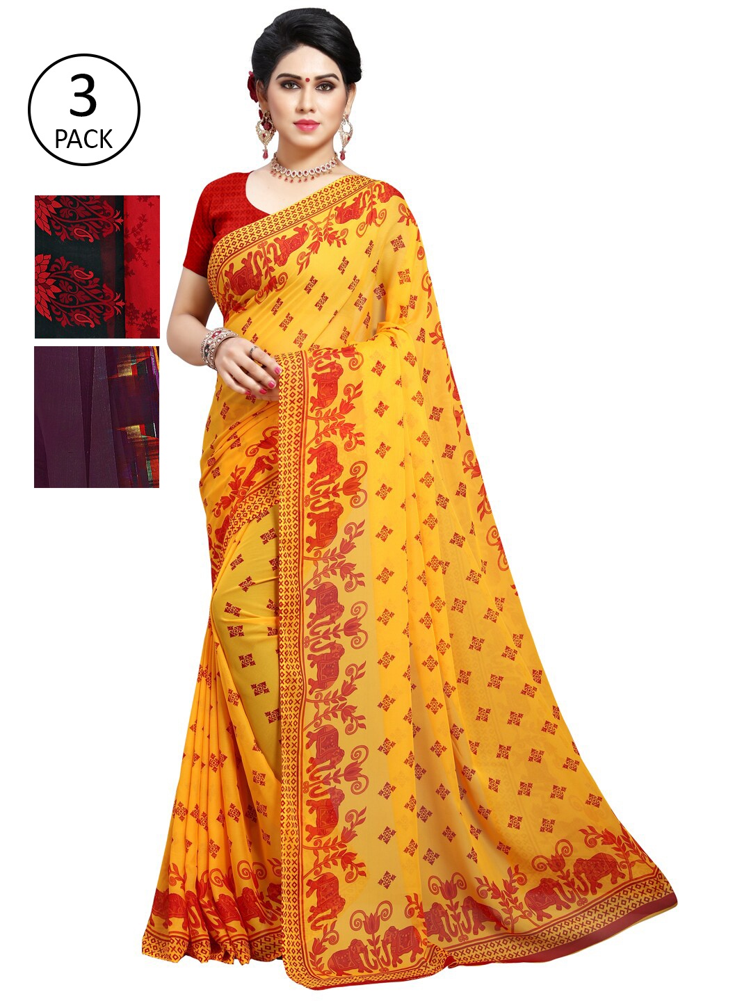 

KALINI Yellow & Red Floral Pack of 3 Saree