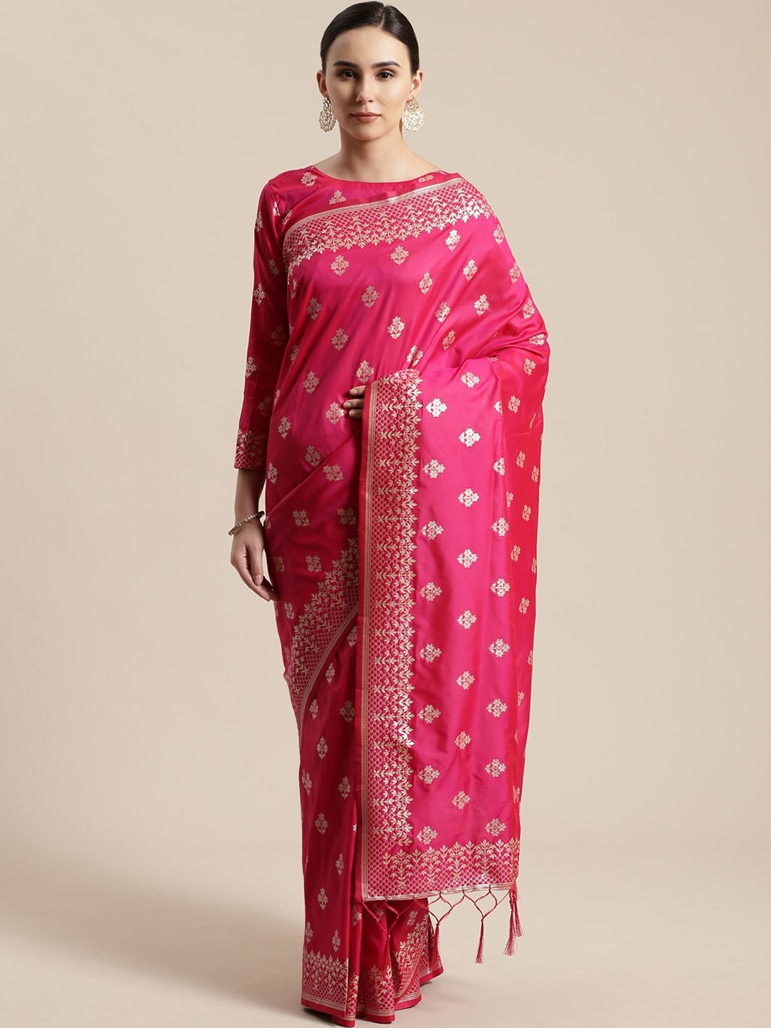 

Saree mall Pink & Silver-Coloured Floral Silk Blend Sarees