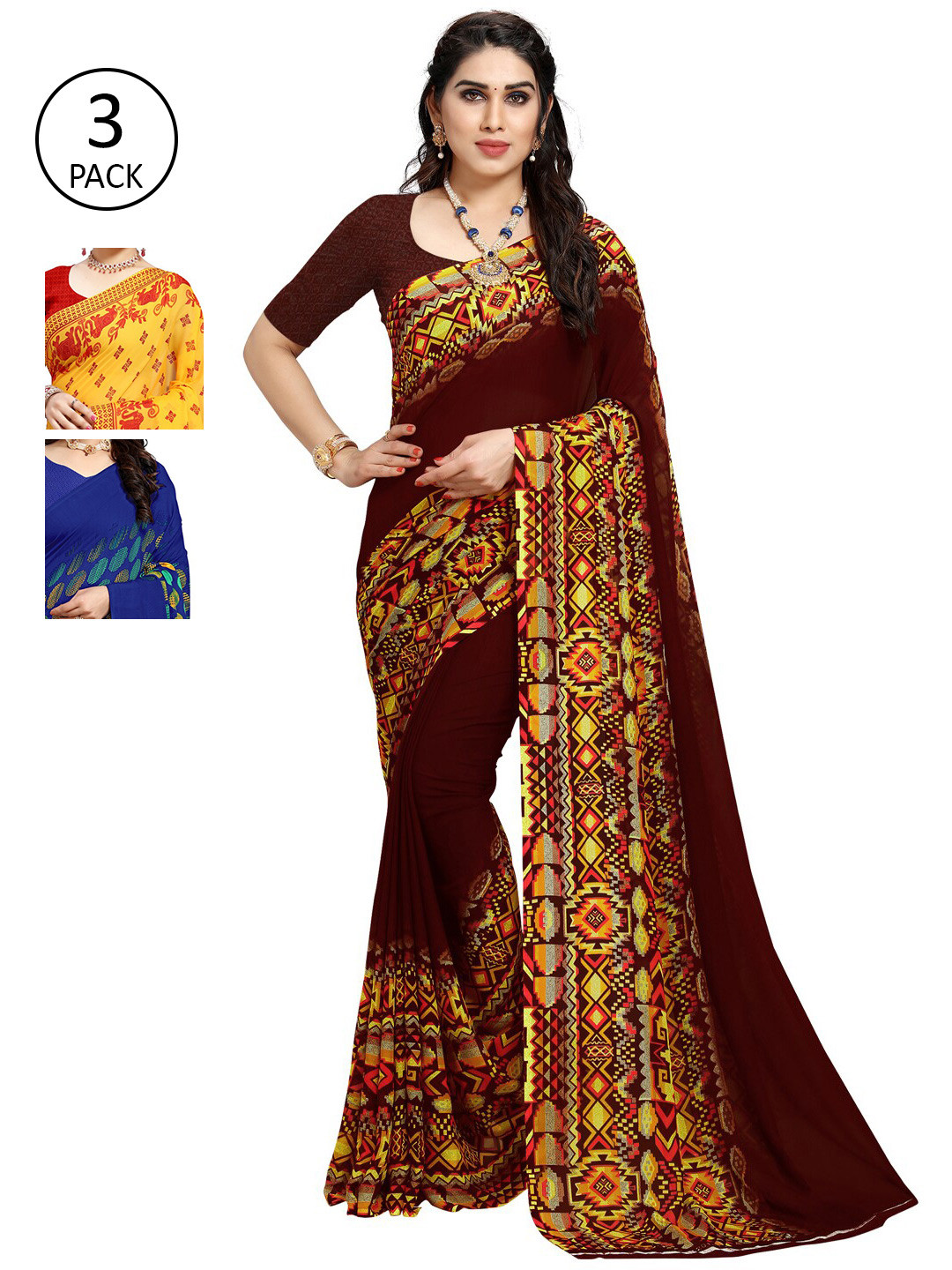 

KALINI Pack Of 3 Poly Georgette Printed Sarees, Blue