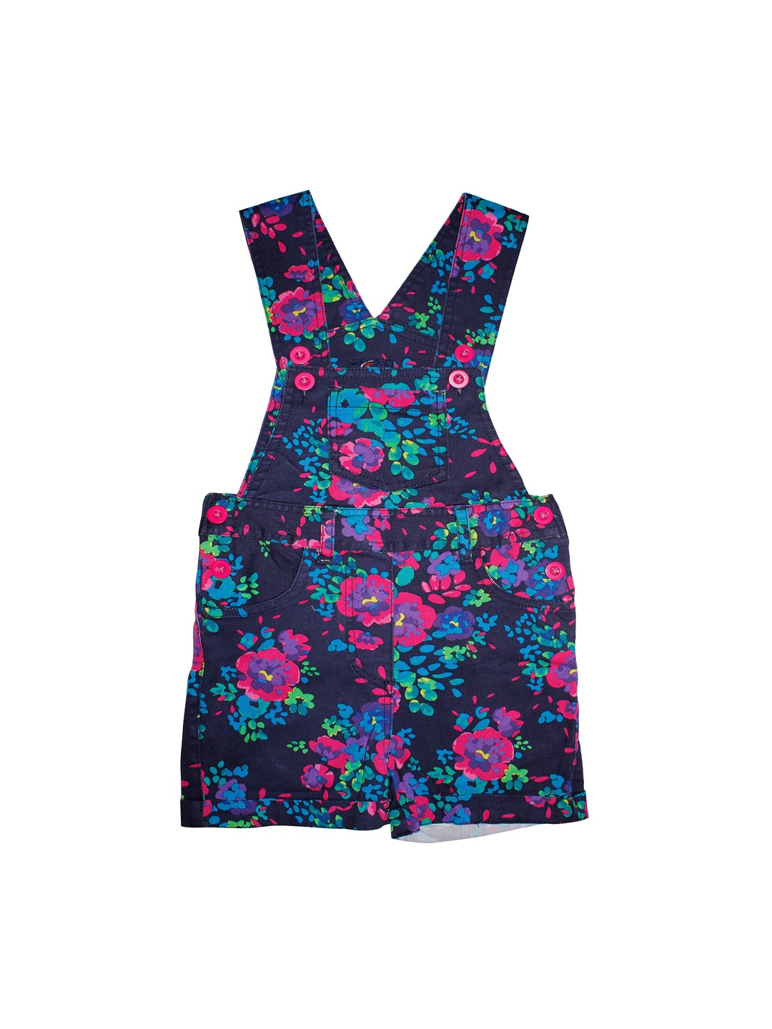 

KiddoPanti Girls Navy Blue & Pink Floral Printed Denim Dungaree