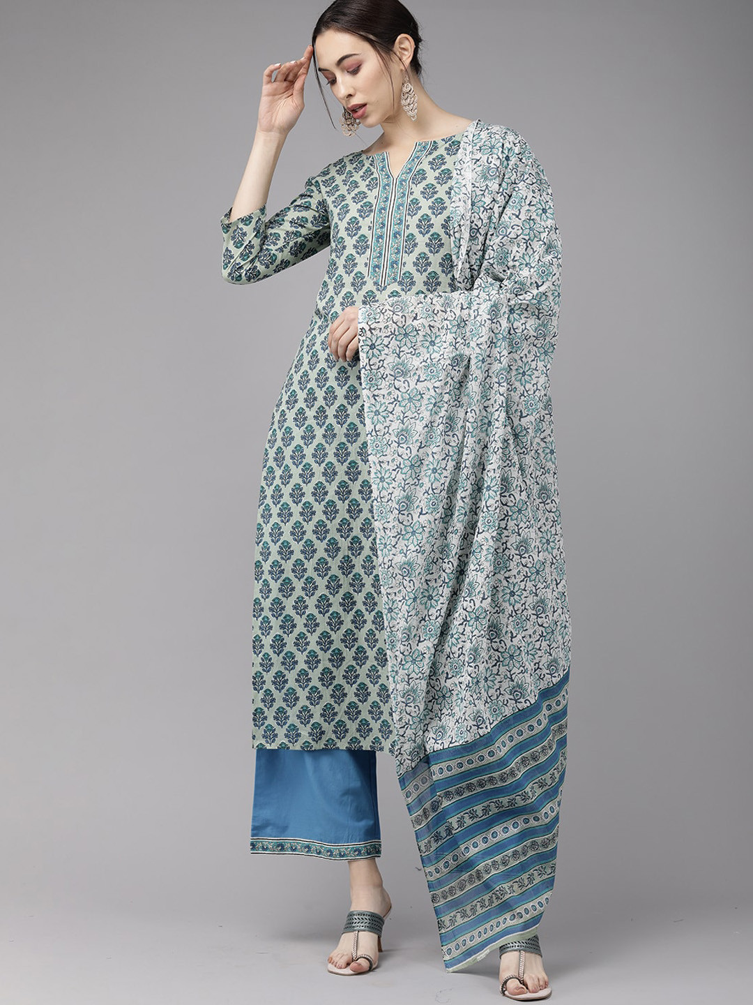 

Indo Era Women Blue Ethnic Motifs Printed Pure Cotton Kurta with Palazzos & Dupatta