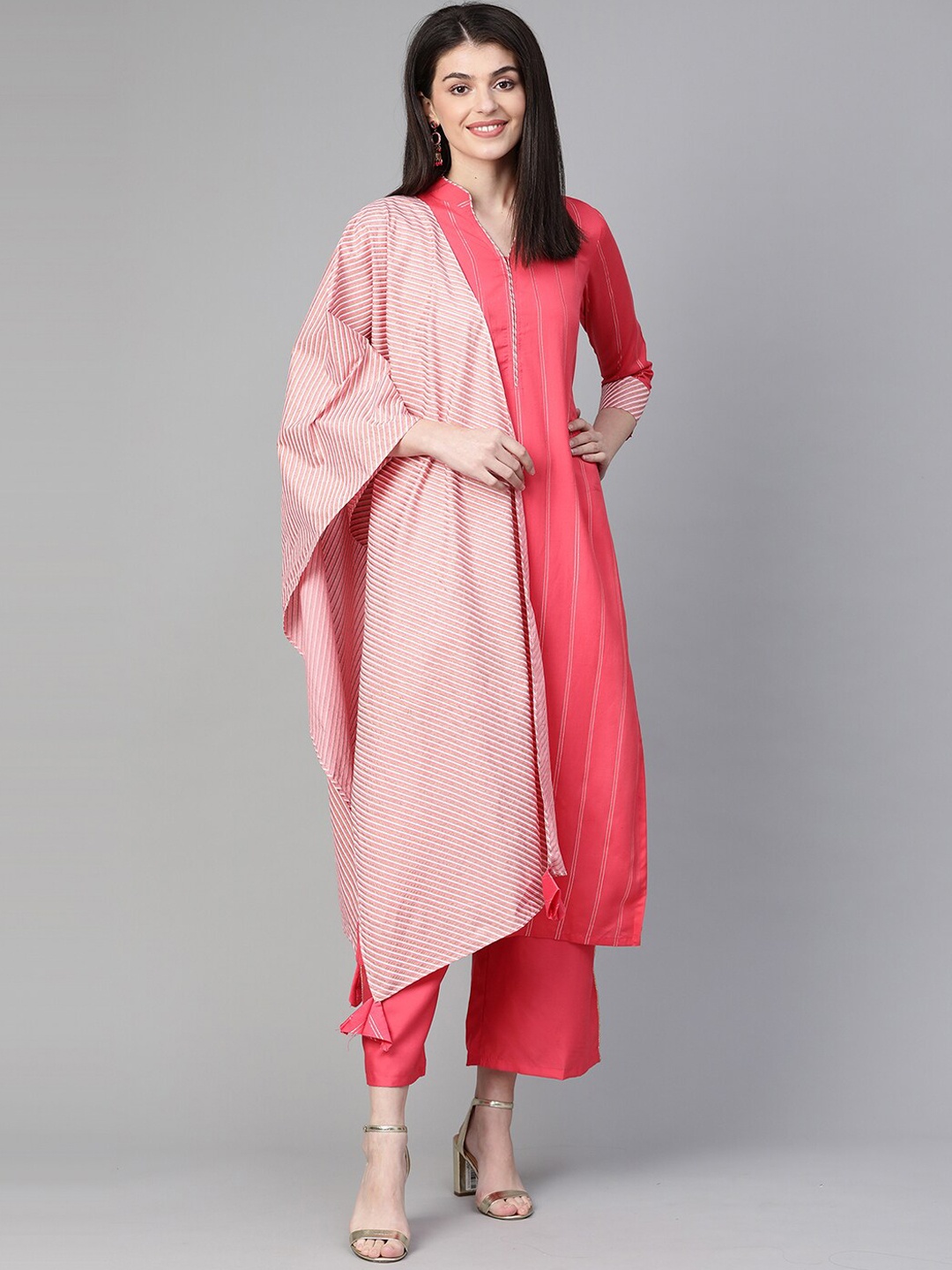 

Indo Era Women Pink Striped Regular Liva Kurti with Trousers & With Dupatta