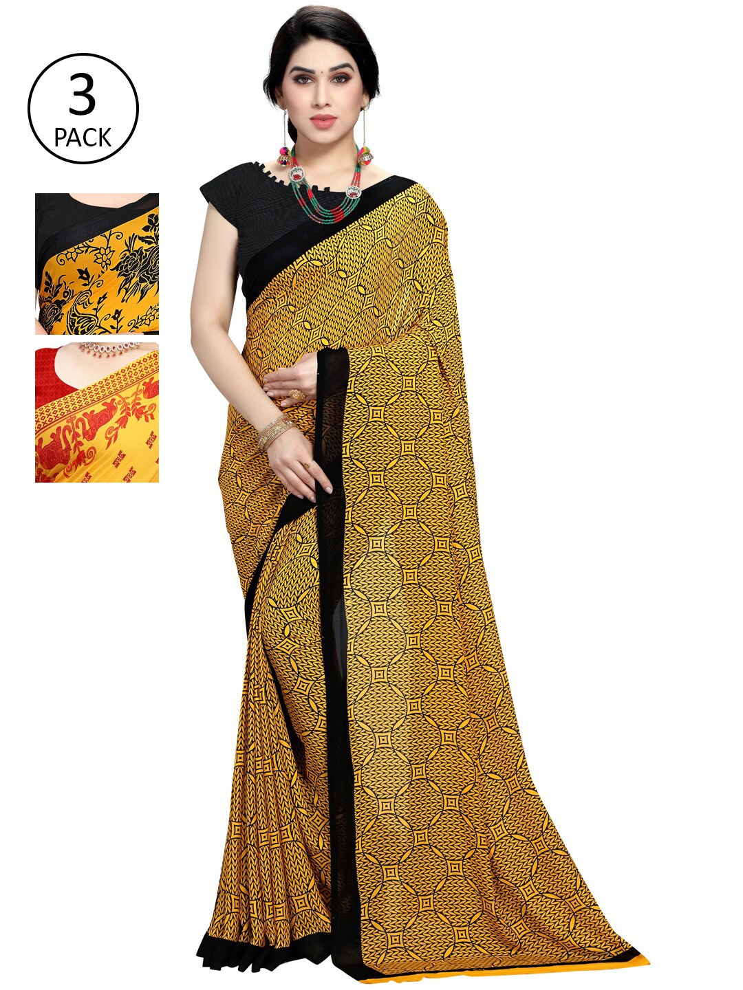 

KALINI Pack of 3 Poly Georgette Sarees, Yellow