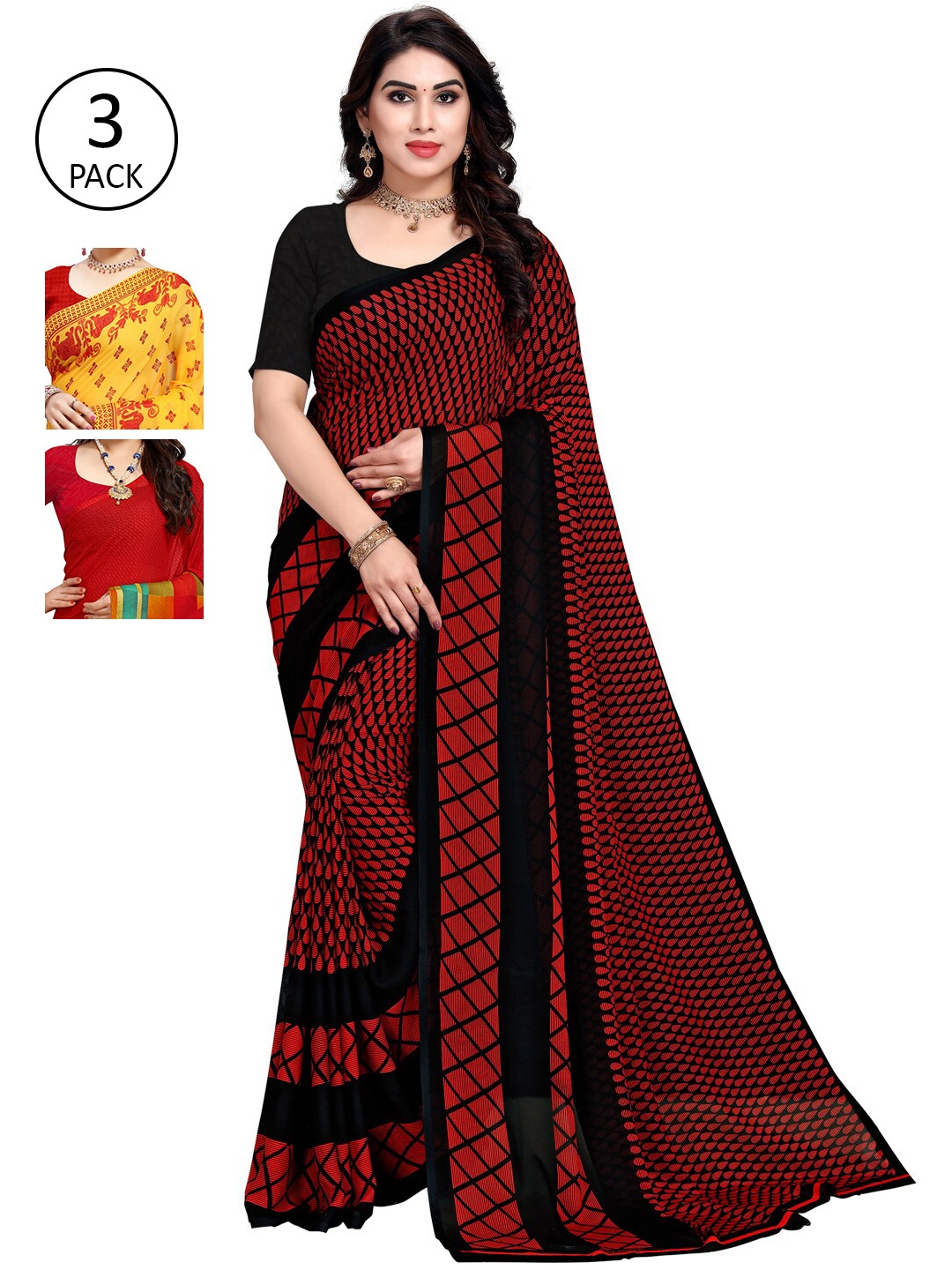 

KALINI Pack Of 3 Ethnic Motifs Sarees, Yellow