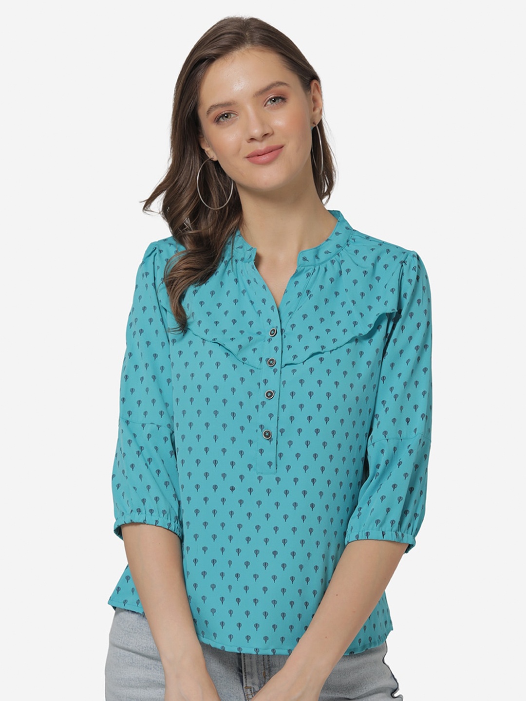 

Modriba Turquoise Blue & Black Mandarin Collar Printed Tunic