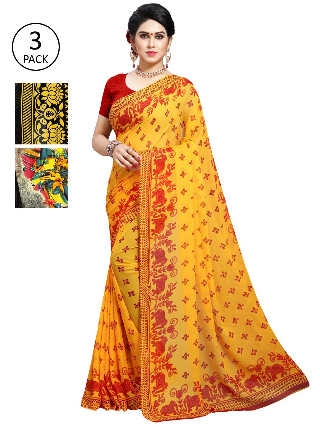 ANAND SAREES Pack Of 3 Poly Georgette Printed Sarees, Yellow