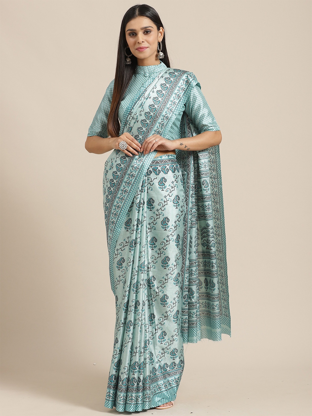 

Saree mall Blue Silk Blend Printed Sarees