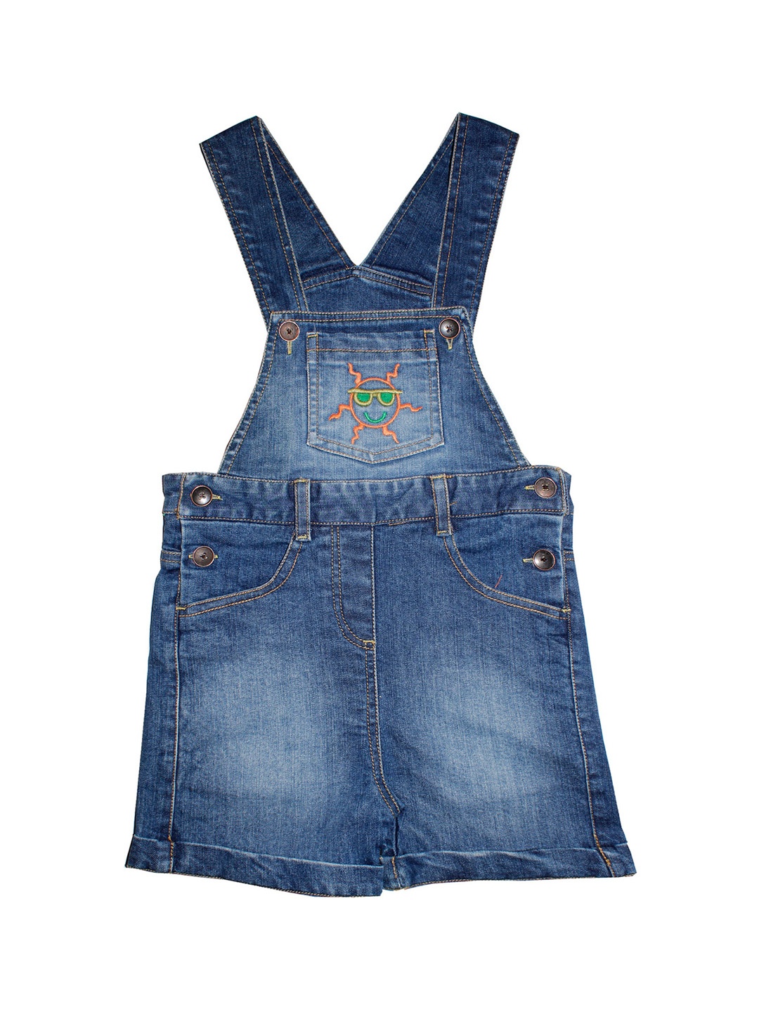 

KiddoPanti Girls Blue Washed Bib Embroidered Denim Dungarees