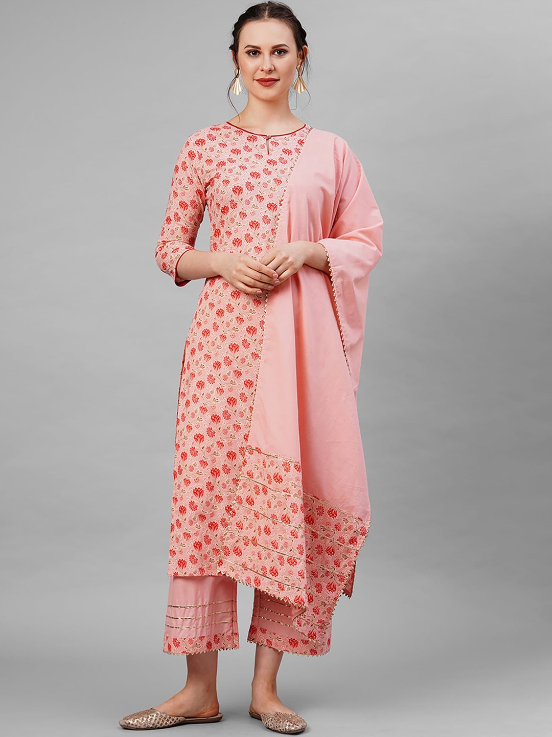 

Indo Era Women Pink Floral Printed Kurta with Palazzos & With Dupatta