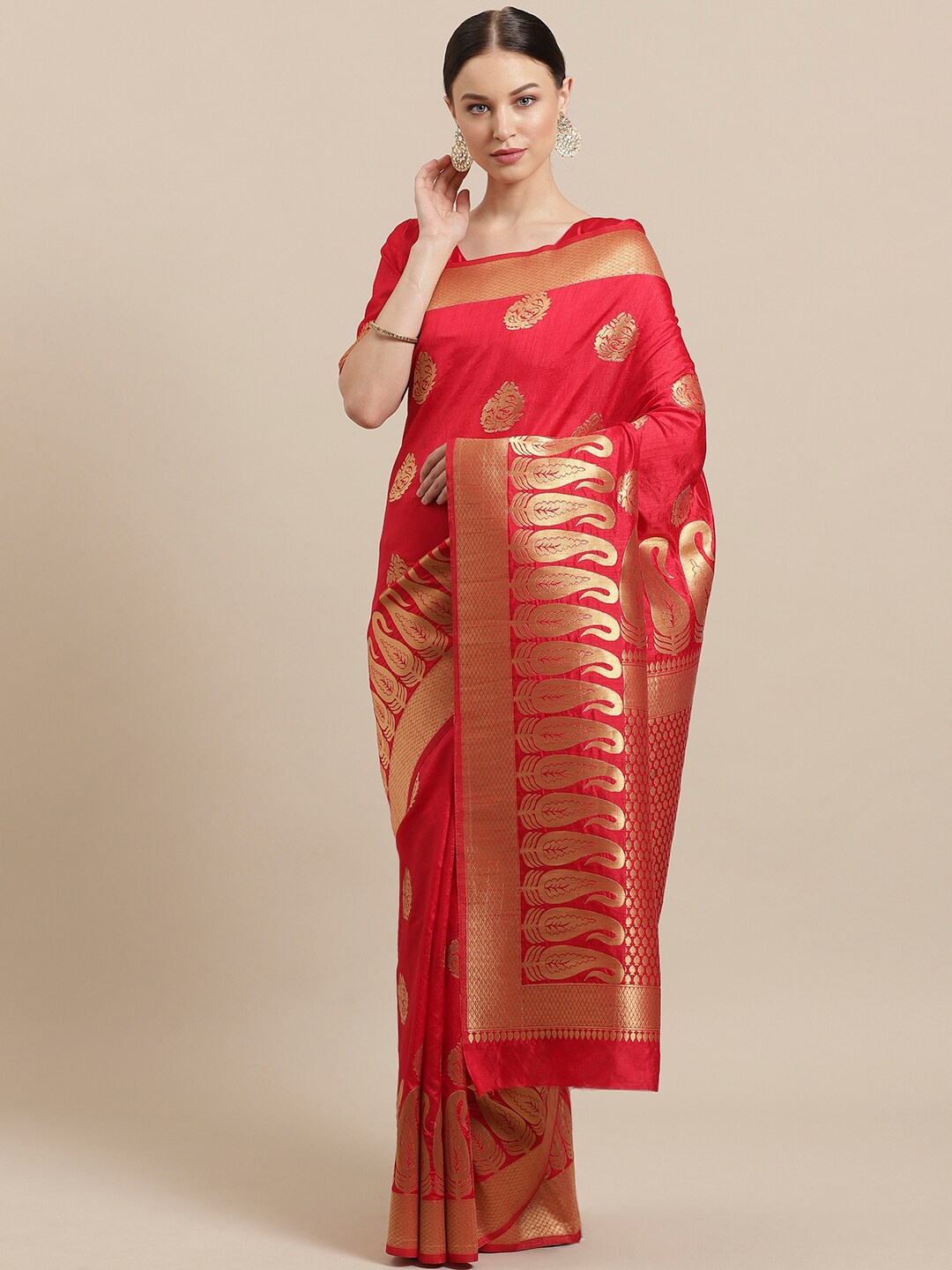 

Saree mall Red & Gold-Toned Paisley Silk Blend Sarees