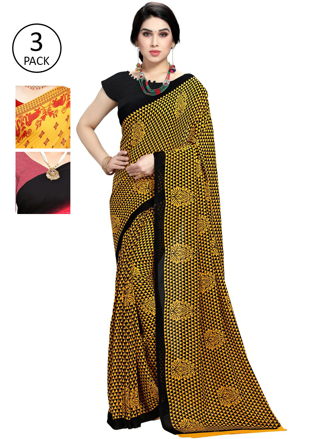 

ANAND SAREES Pack Of 3 Red & Yellow Ethnic Motifs Saree