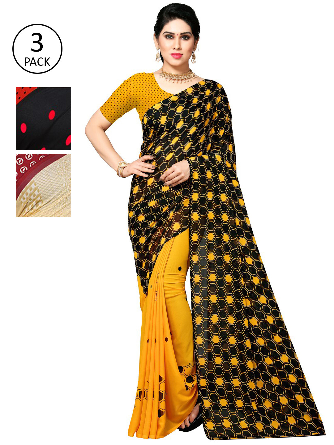 

KALINI Beige & Red Pack of 3 Saree