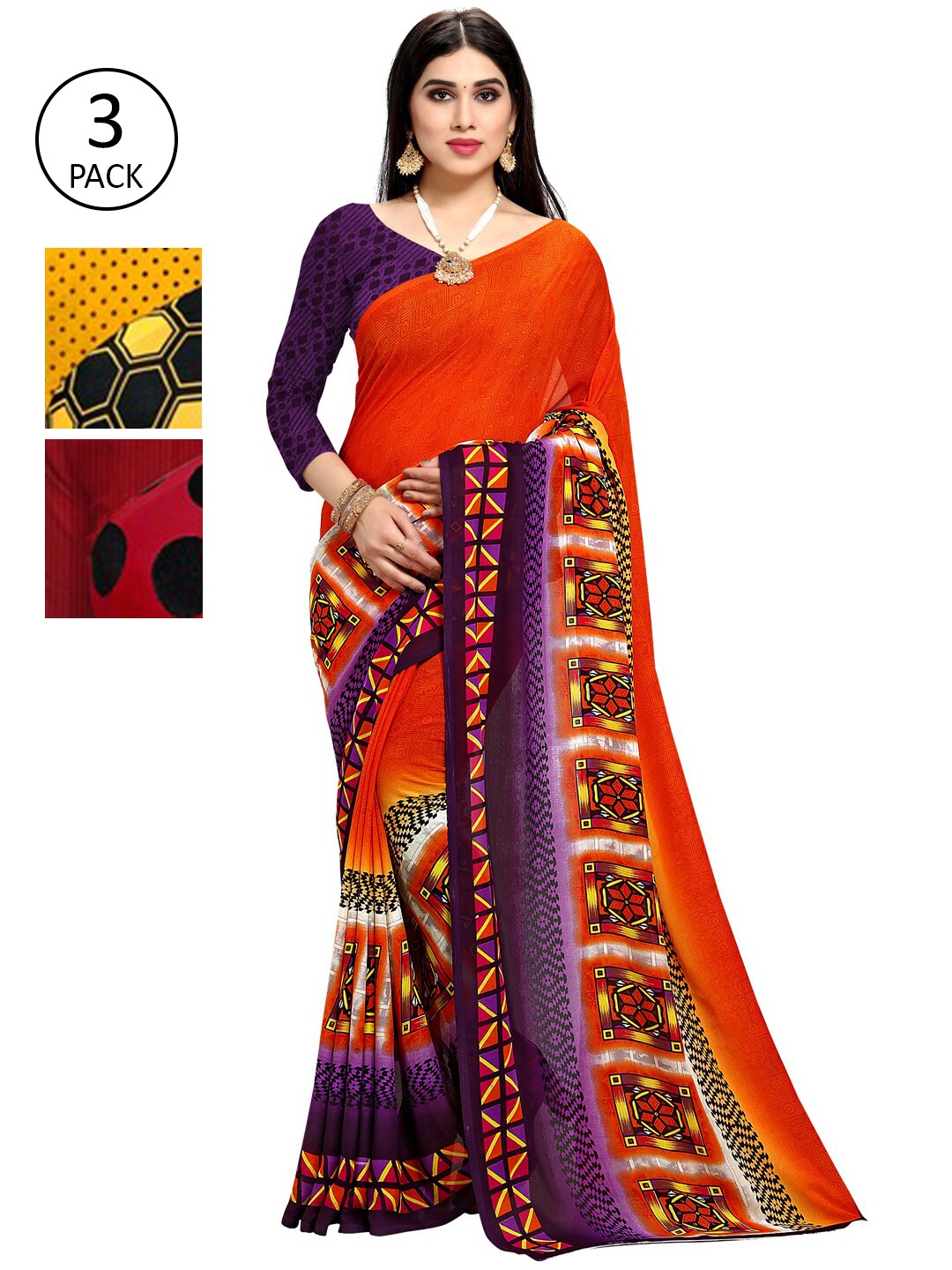 

KALINI Pack Of 3 Abstract Printed Sarees, Black