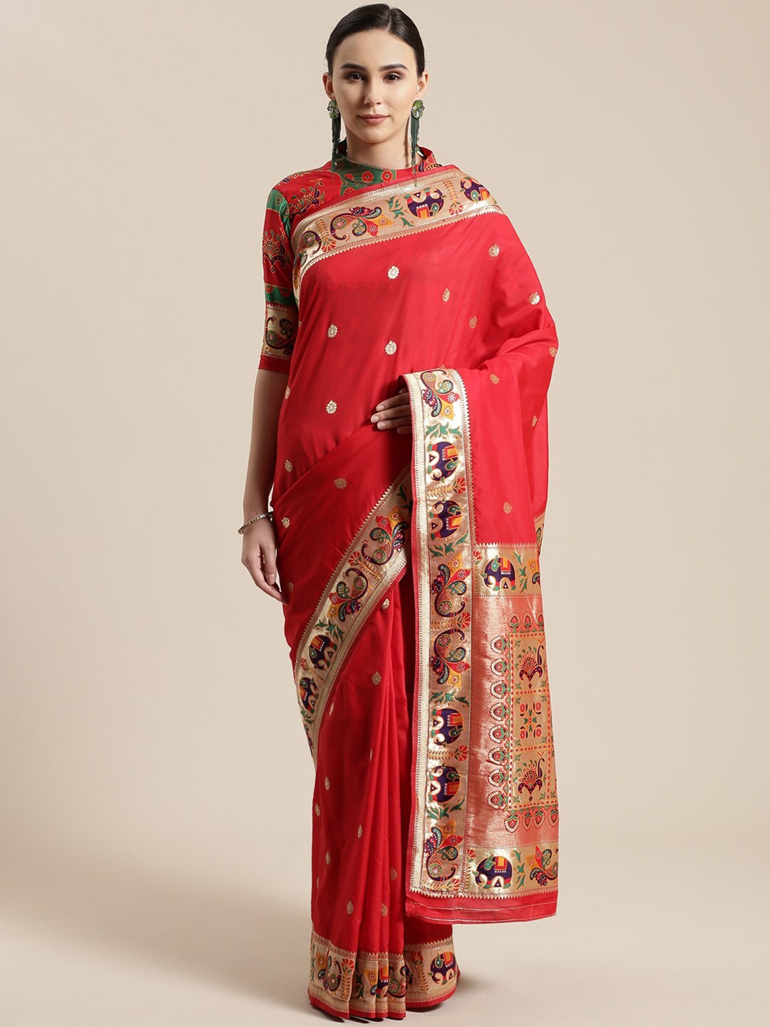 

Saree mall Red & Gold-Toned Woven Design Silk Blend Sarees